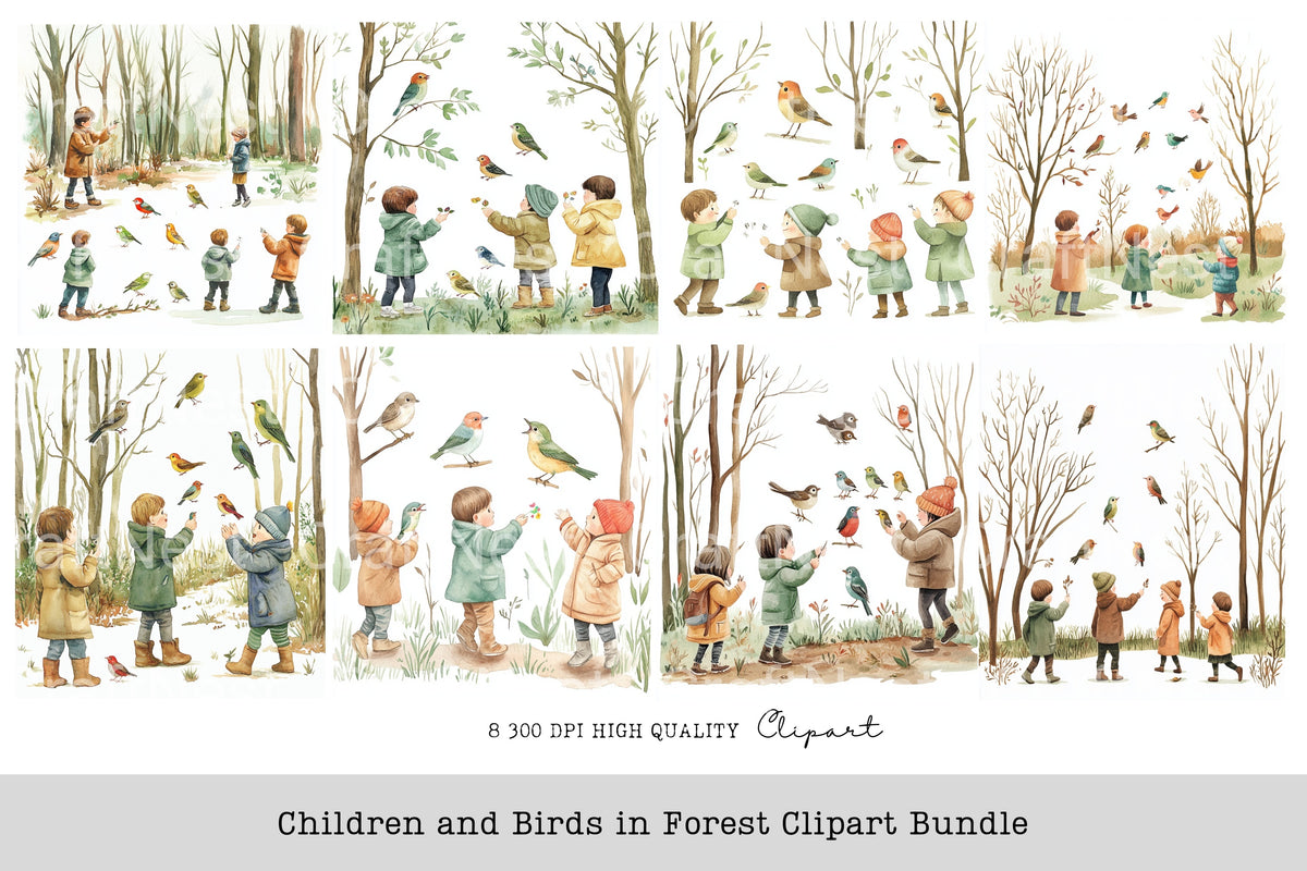 Children And Birds In Forest Clipart Bundle