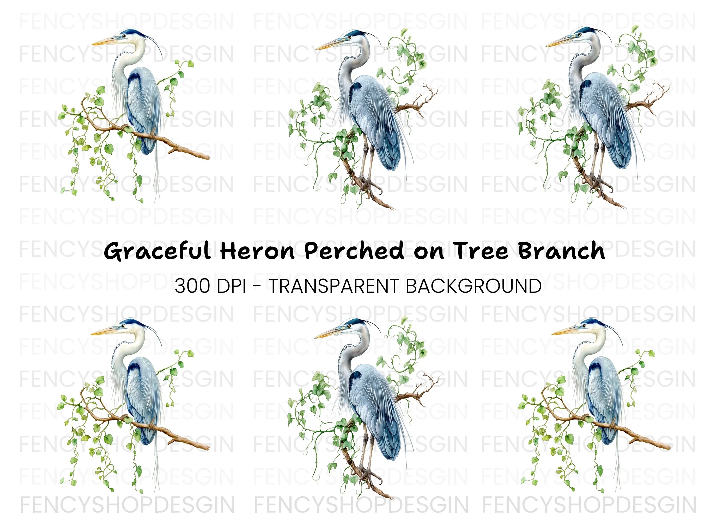 Heron on Branch with Green Leaves Clipart Bundle