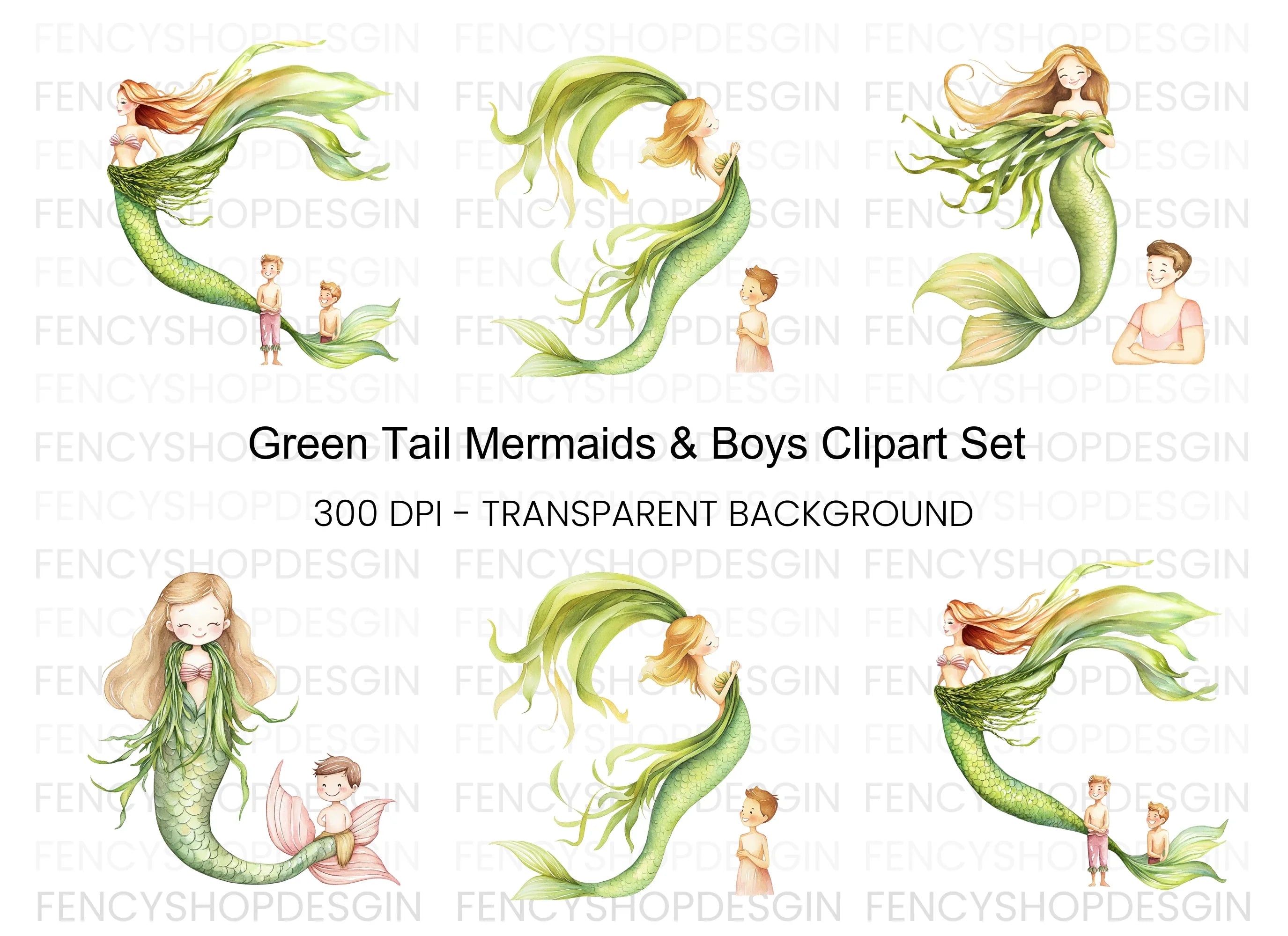Green Mermaids and Human Kids Clipart Bundle