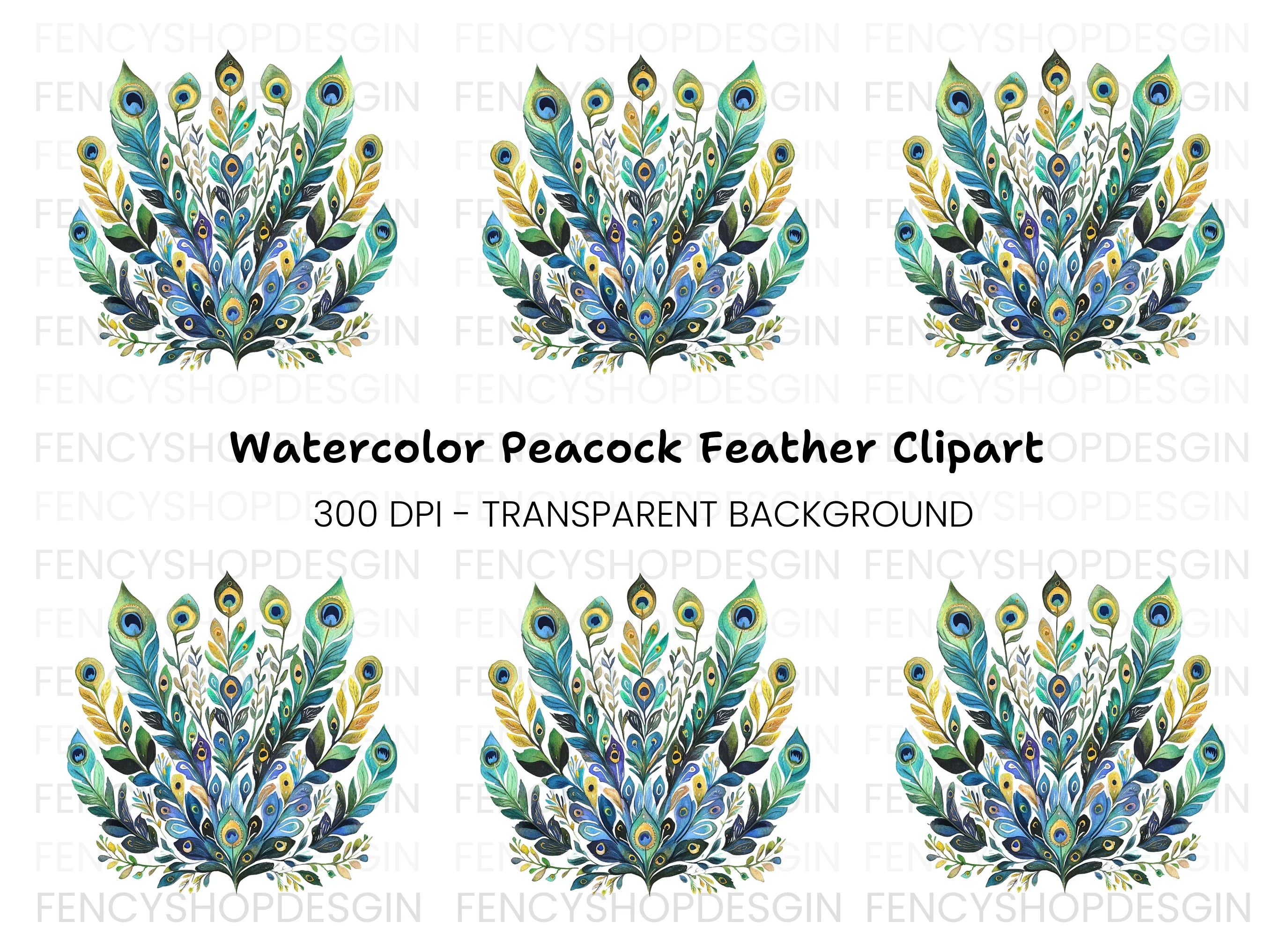 Peacock Feather Arrangement Clipart Bundle