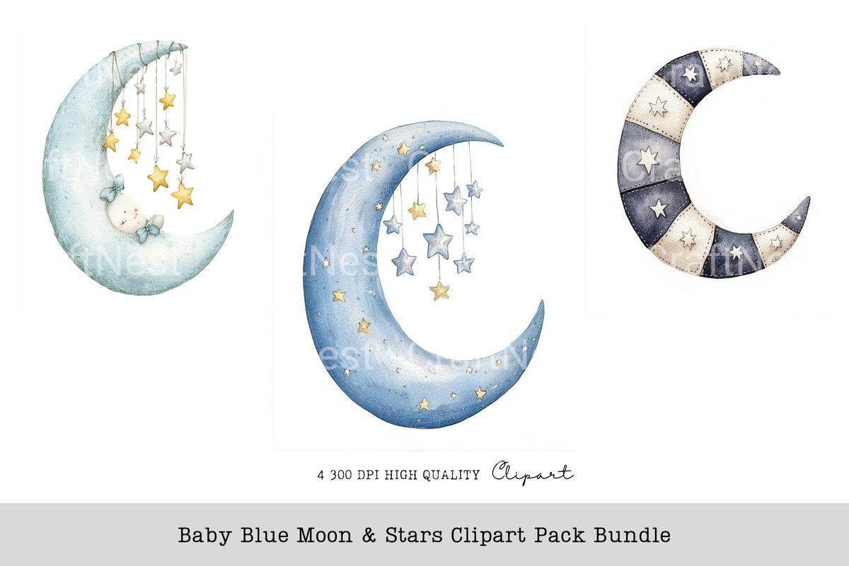 Baby Blue Moon Stars Clipart Bundle