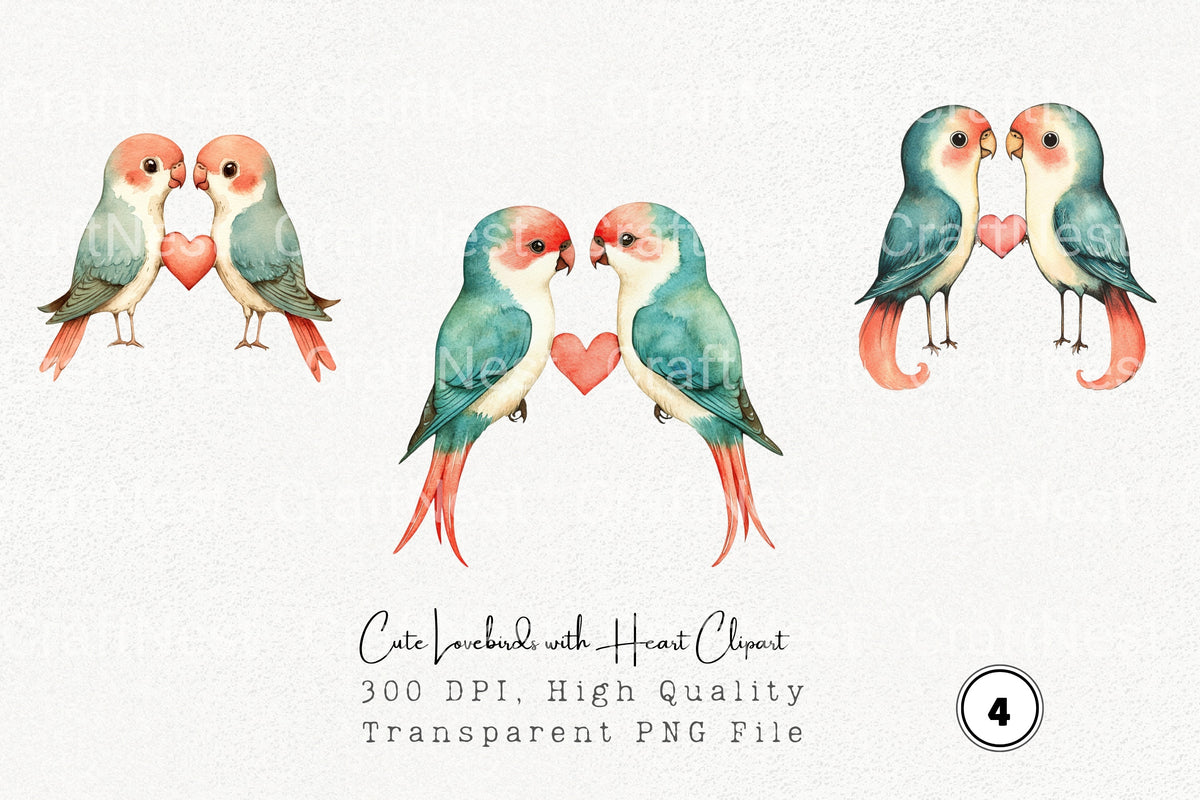 Cute Lovebirds With Heart Clipart Bundle