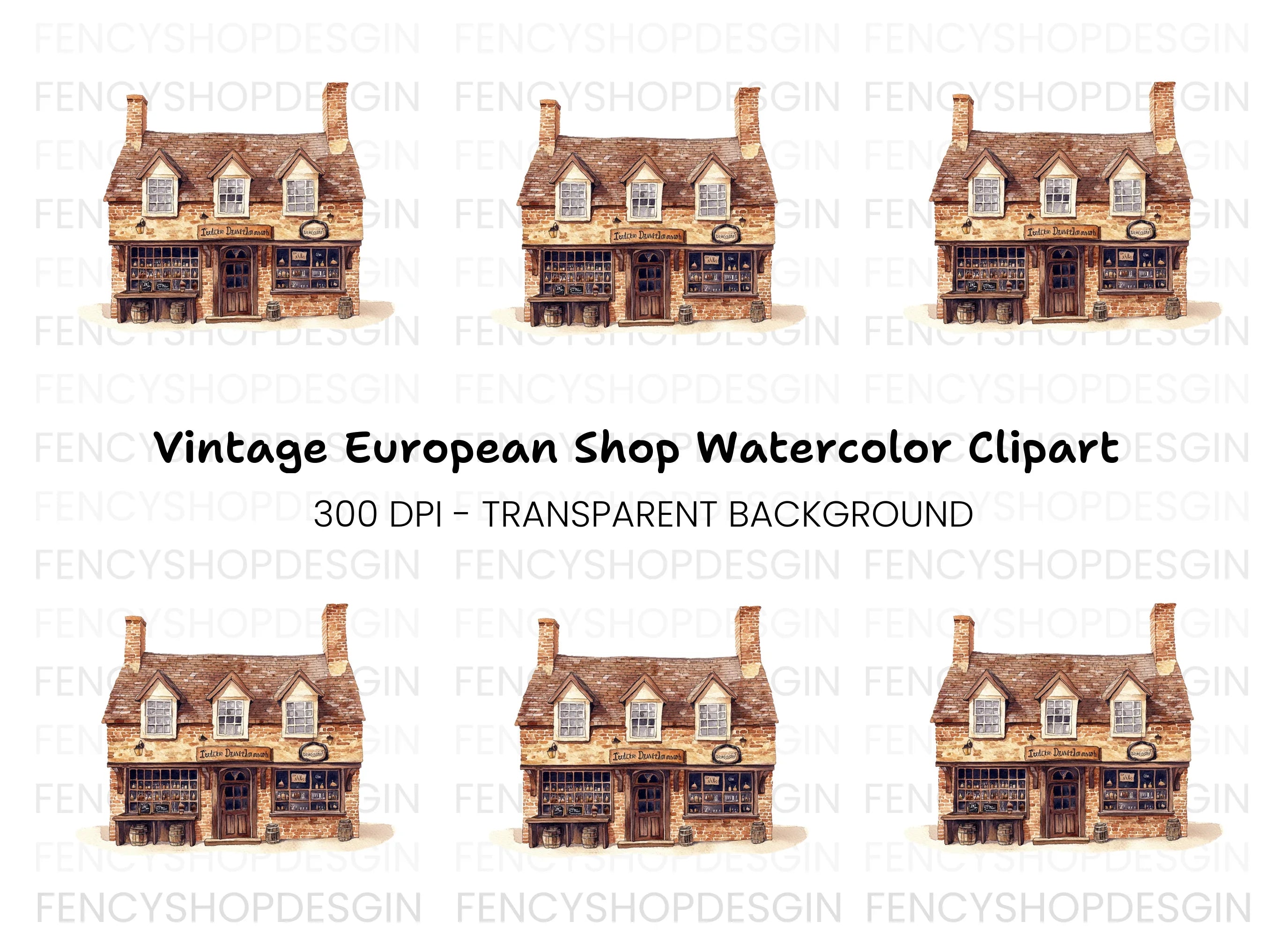 Vintage Brick Shop Illustration Clipart Bundle