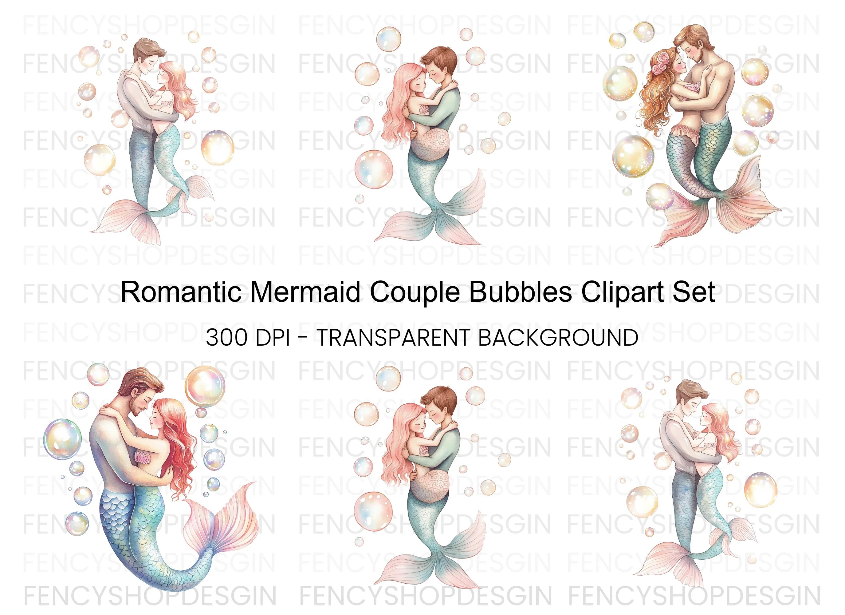Romantic Mermaid Couple Bubbles Clipart Bundle