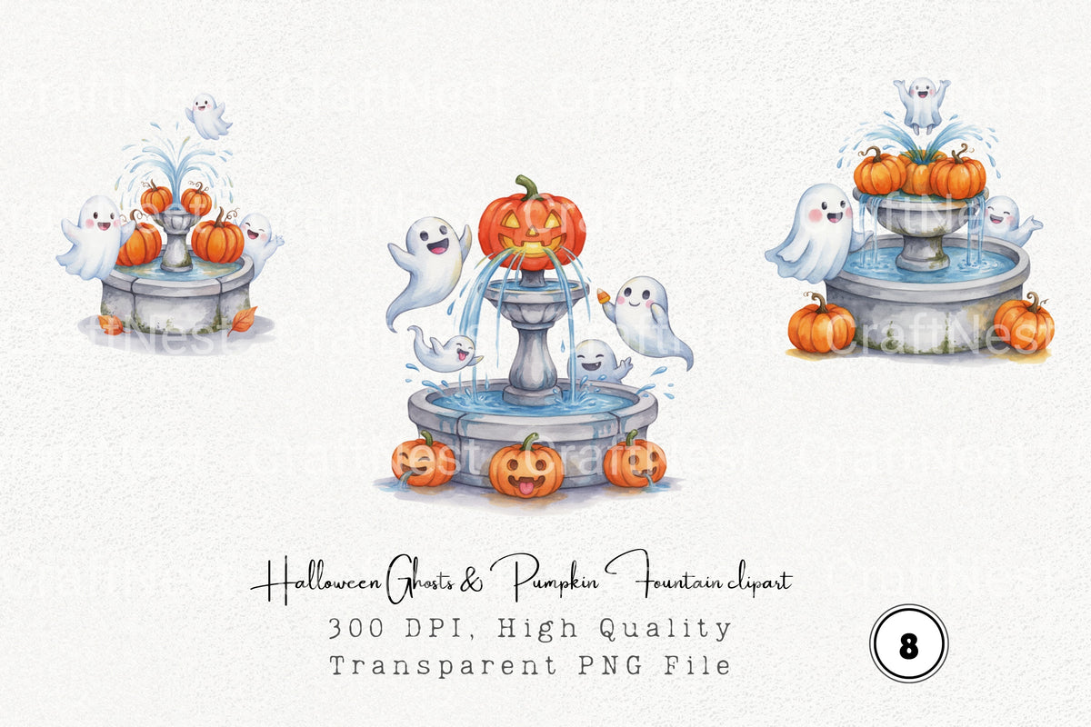 Halloween Ghosts Pumpkin Fountain Clipart Bundle