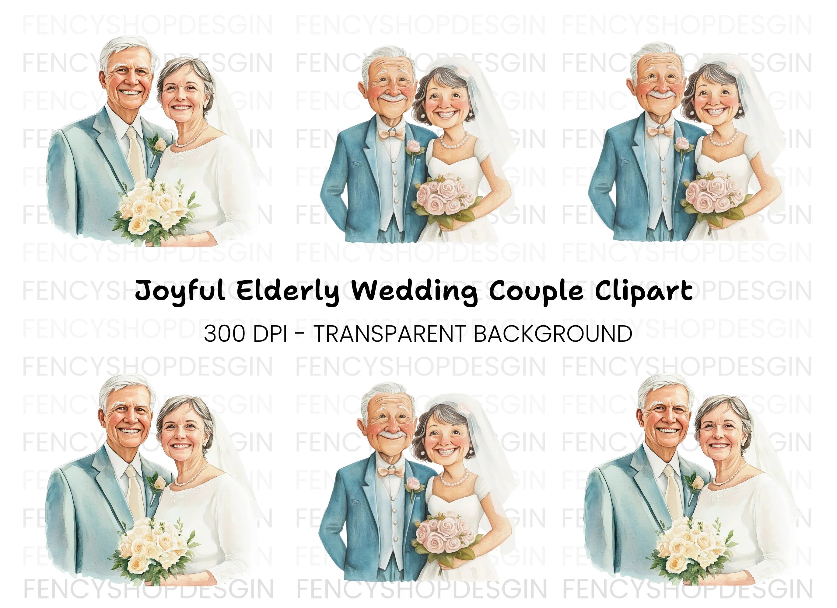 Elderly Couple Wedding Clipart Bundle