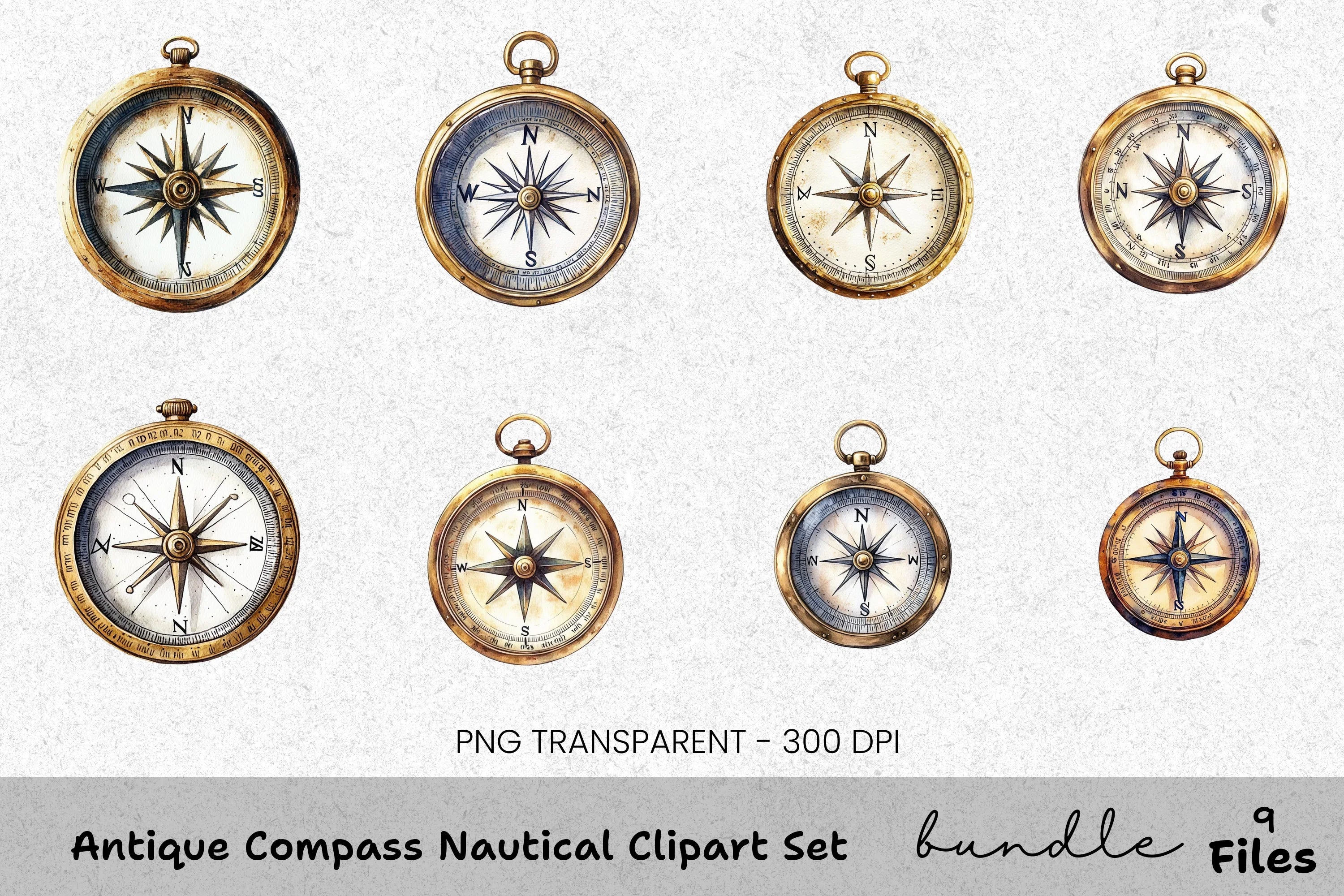 Antique Compass Nautical Clipart Bundle