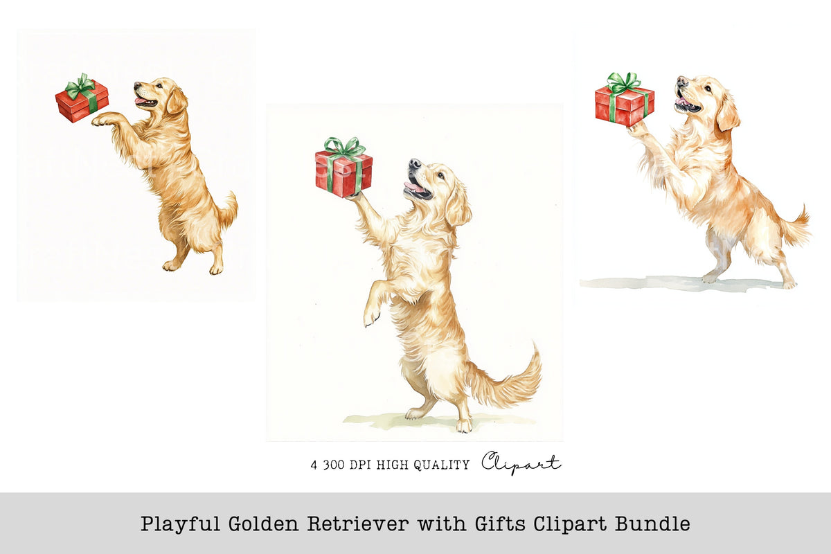 Playful Golden Retriever With Gifts Clipart Bundle