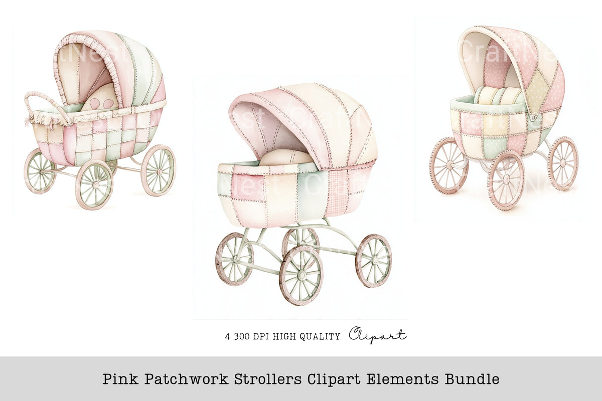Pink Patchwork Strollers Elements Clipart Bundle