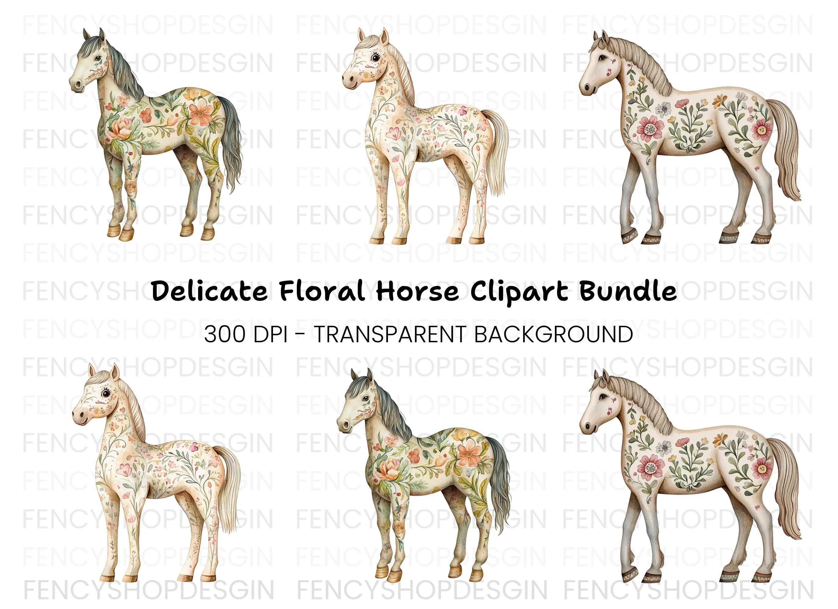 Floral Horses Clipart Bundle