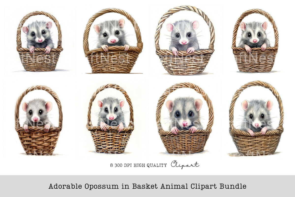 Adorable Opossum In Basket Animal Clipart Bundle