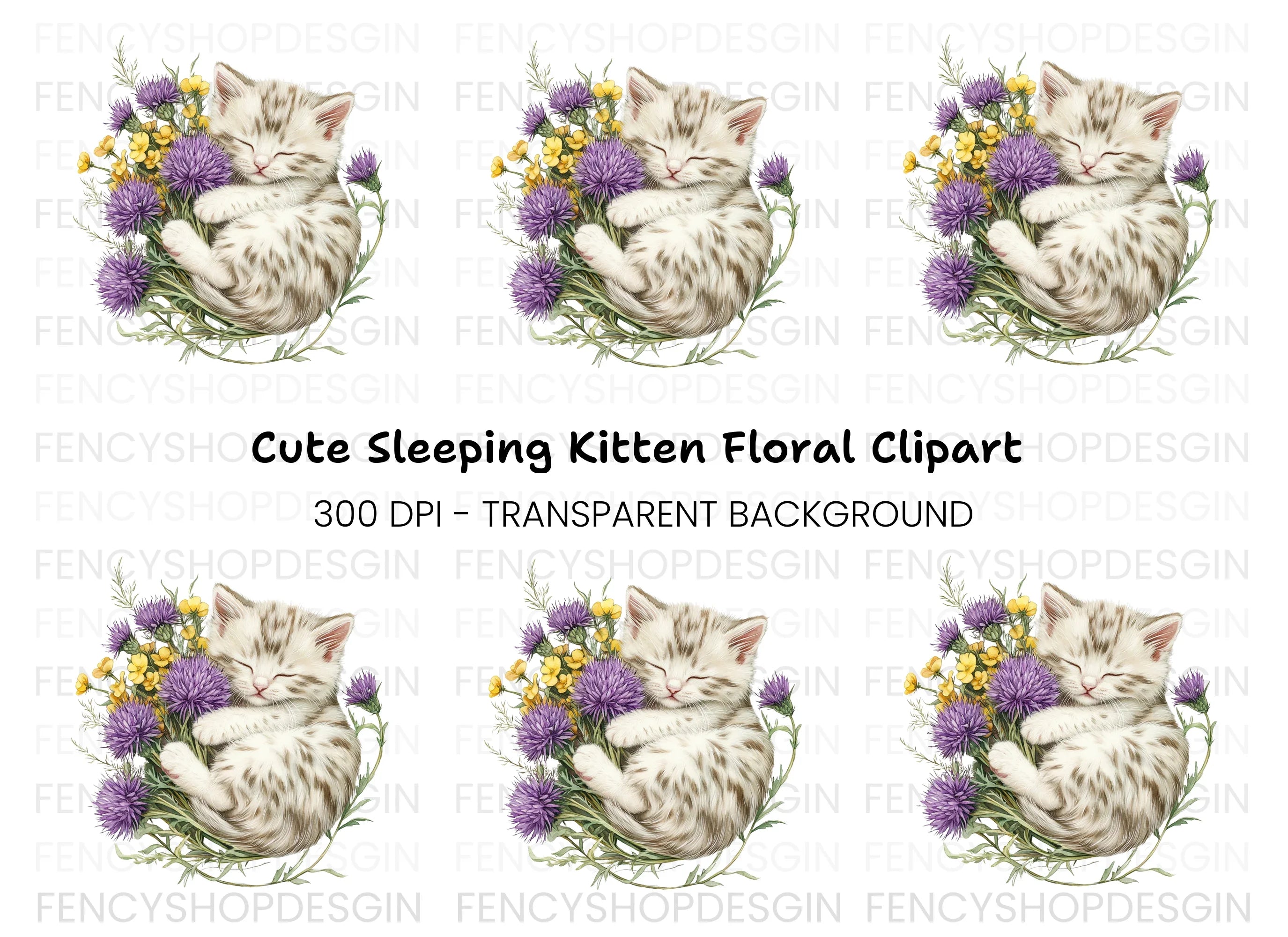 Sleeping Kitten in Wildflower Bouquet Clipart Bundle