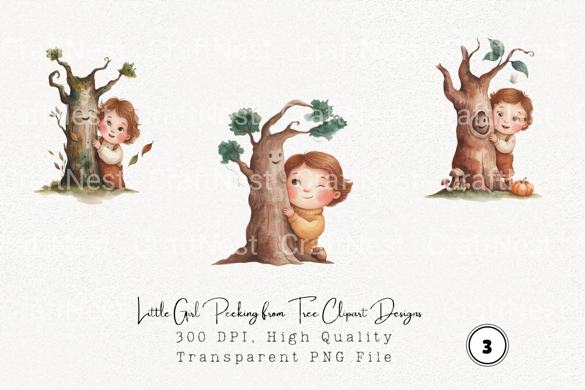 Little Girl Peeking From Tree Designs Clipart Bundle