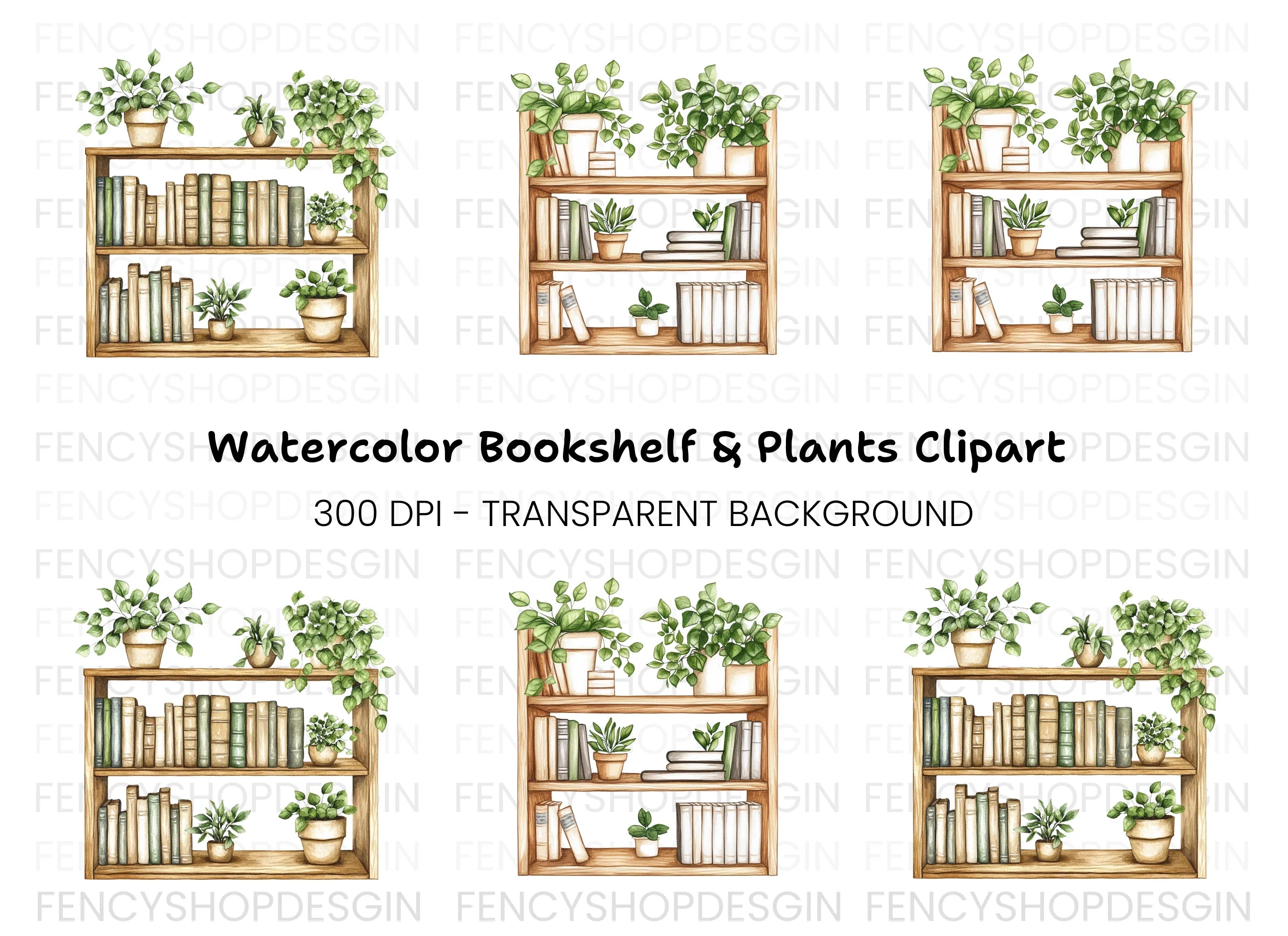 Bookshelf with Potted Plants Clipart Bundle