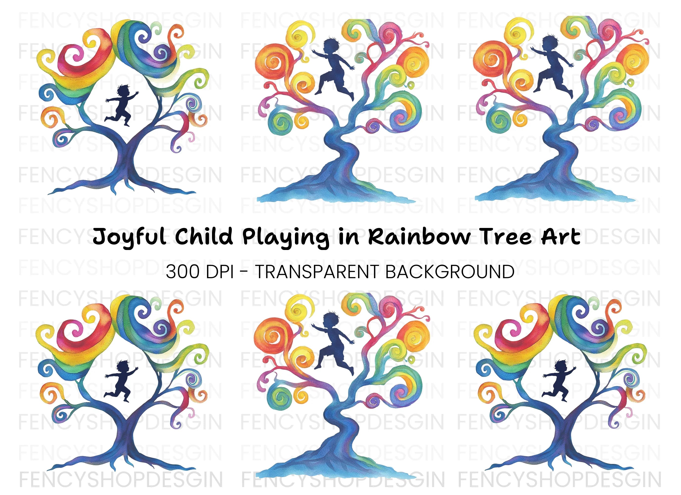 Colorful Swirl Trees Silhouettes Clipart Bundle