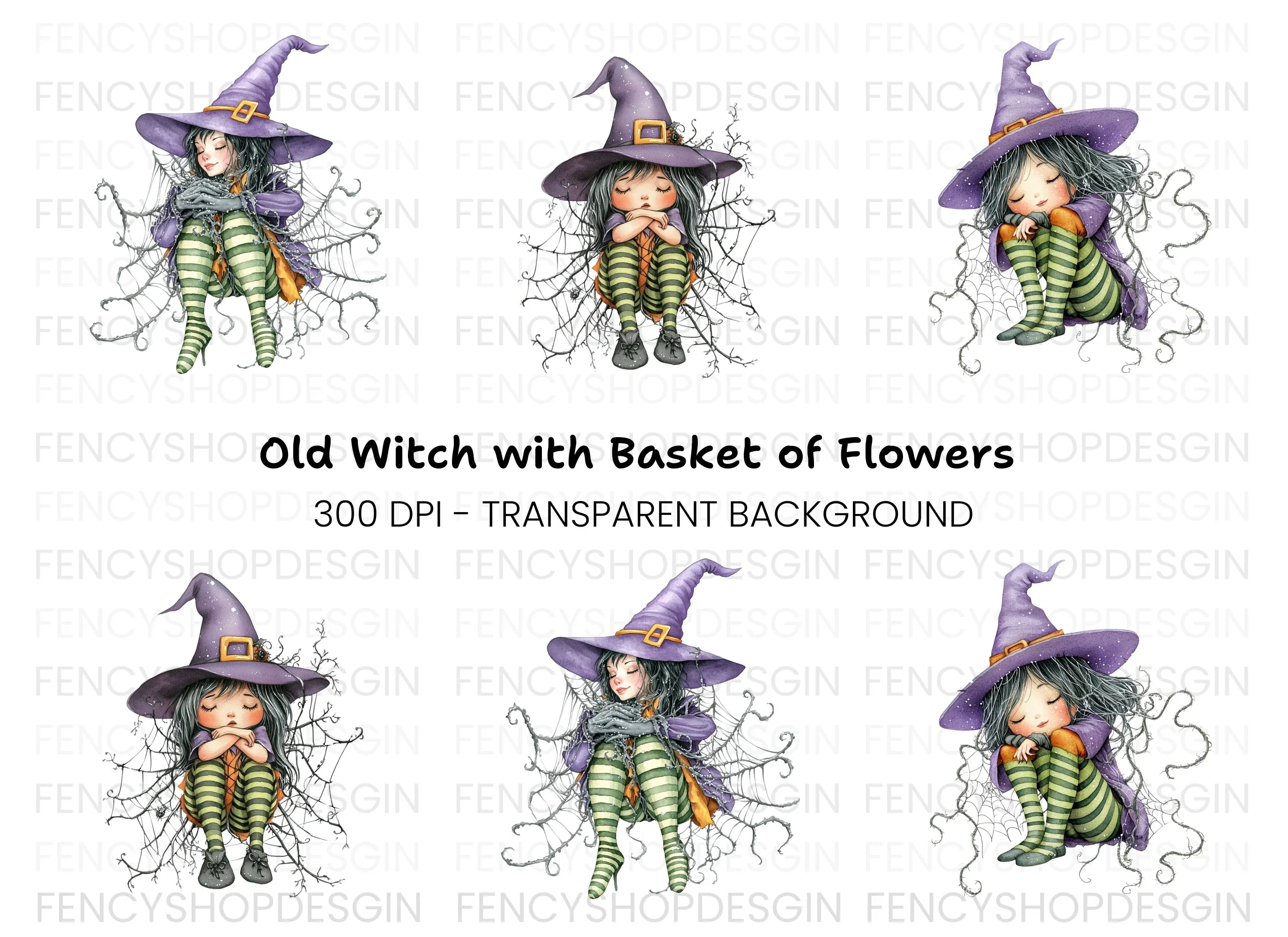 Sleeping Witches in Spiderwebs Clipart Bundle