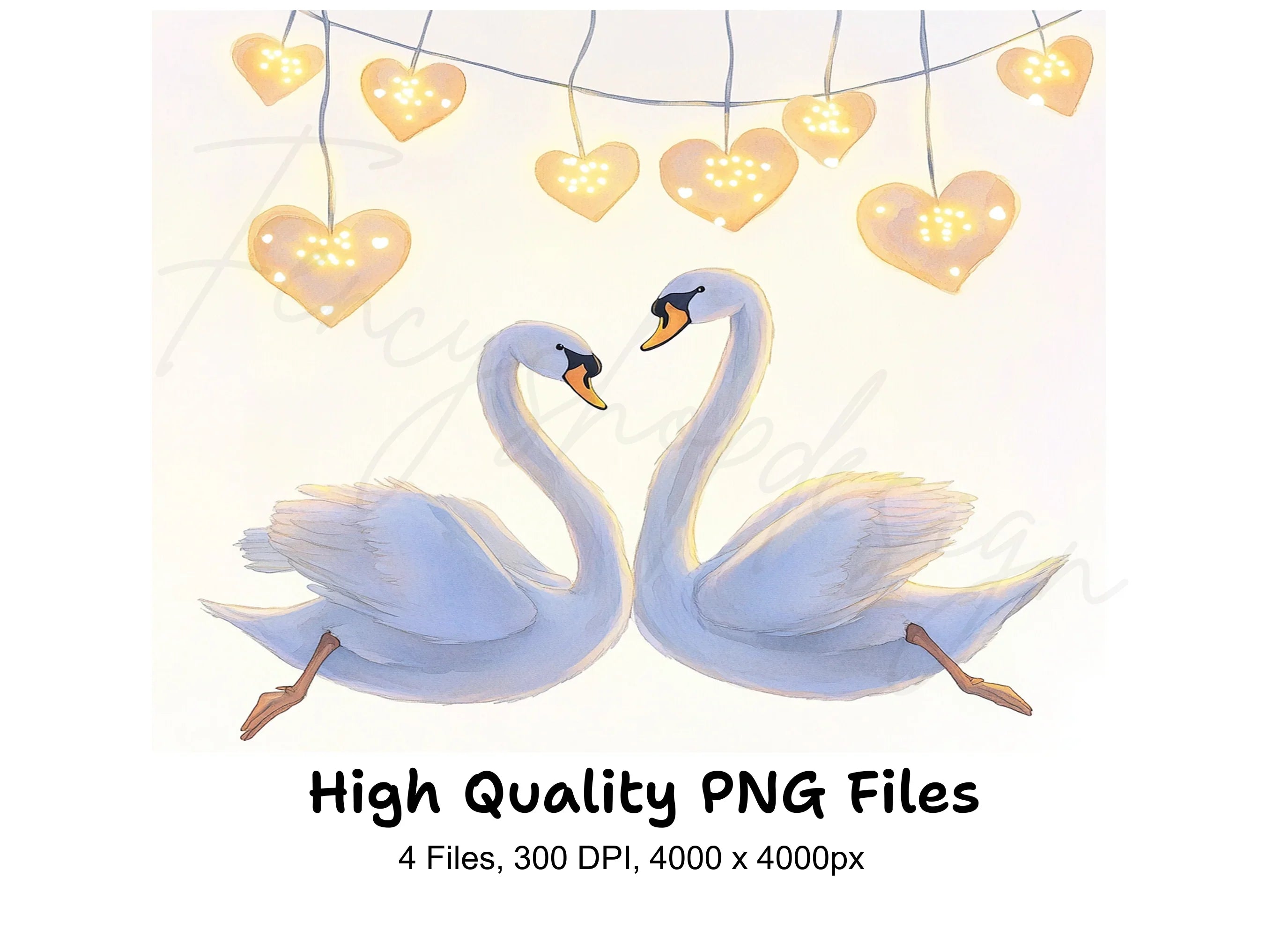 Elegant Swans with Heart String Lights Clipart Bundle