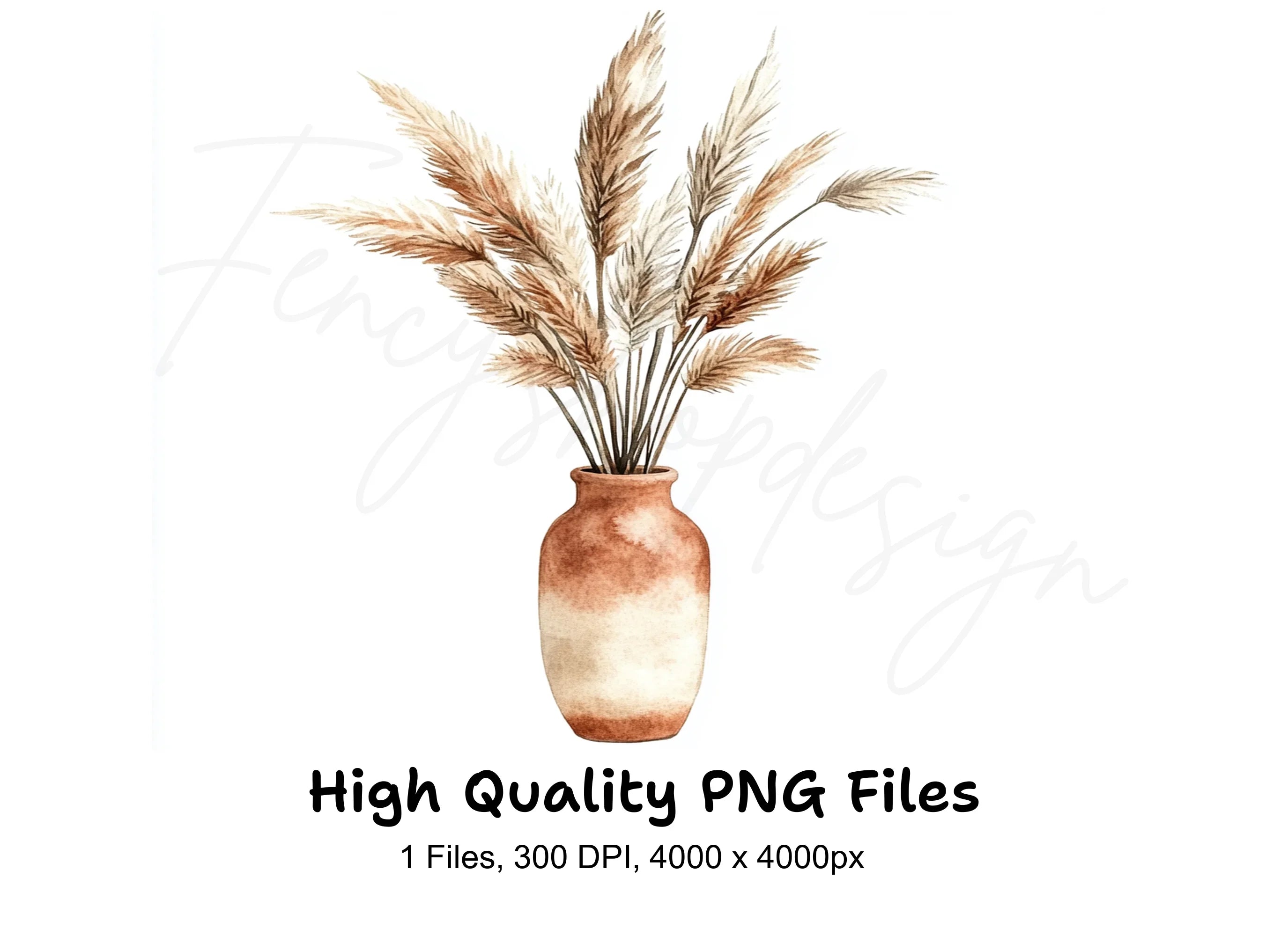 Pampas Grass in Terracotta Vase Clipart Bundle