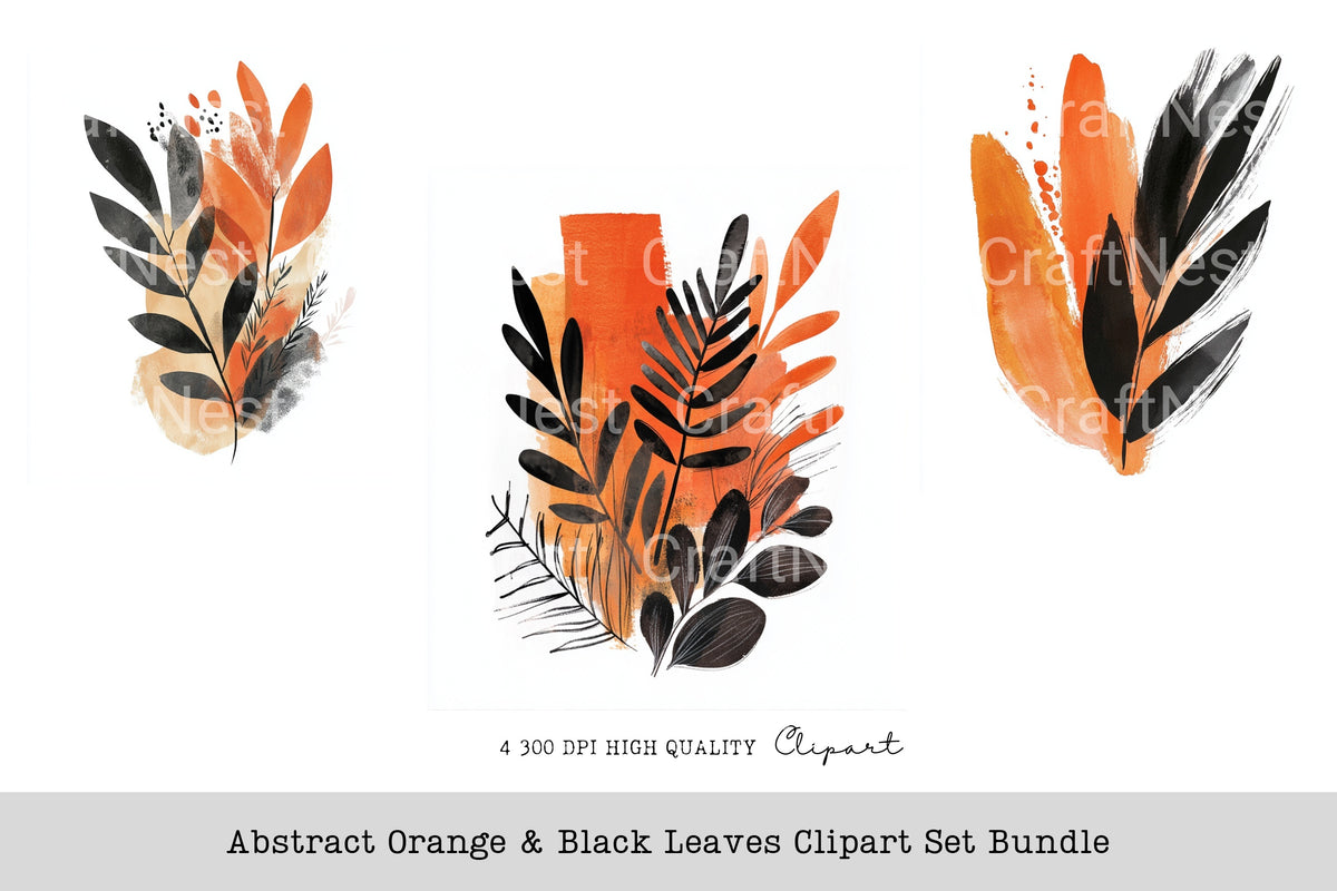 Abstract Orange Black Leaves Clipart Bundle