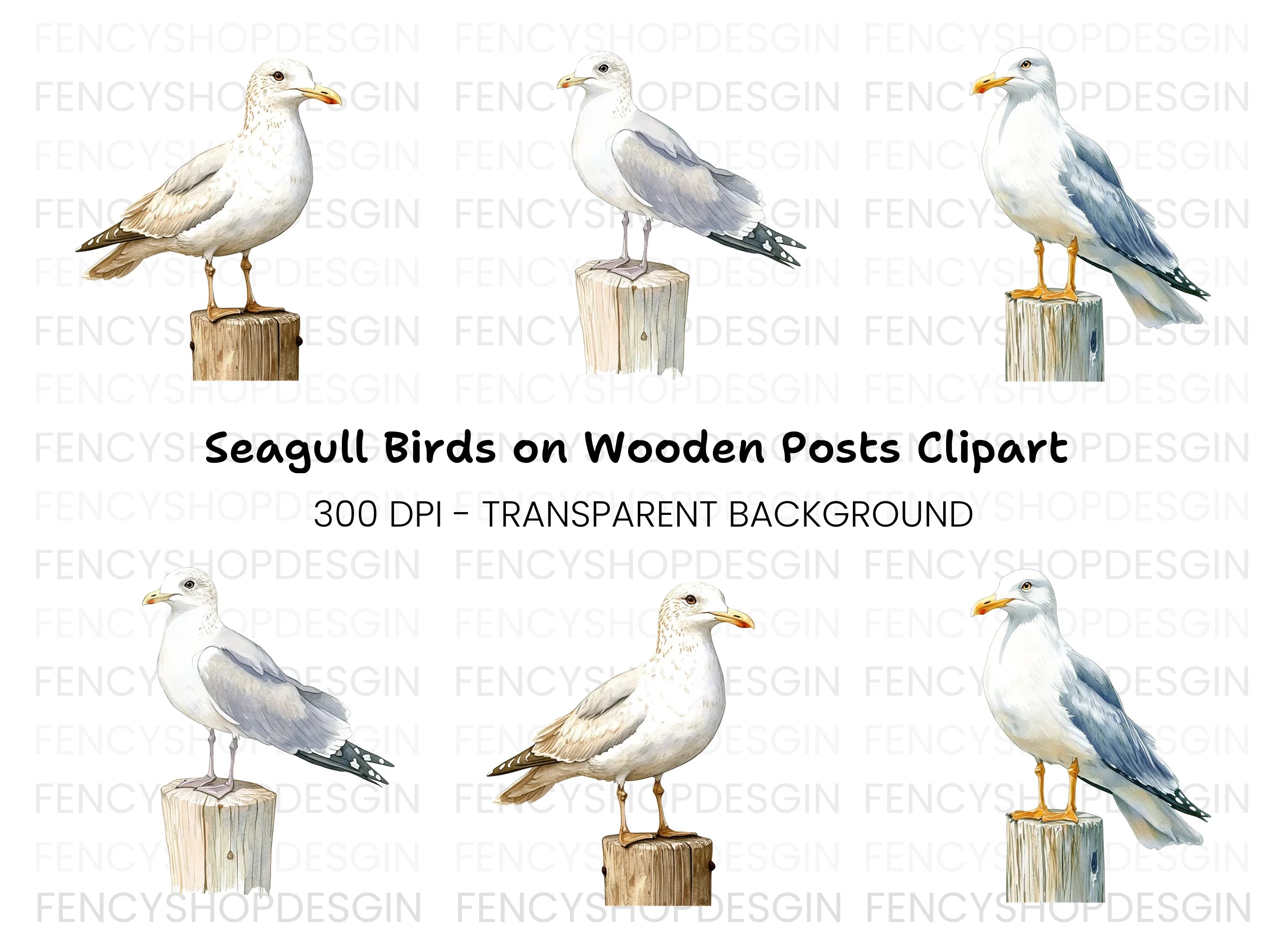 Seagulls on Wooden Posts Clipart Bundle