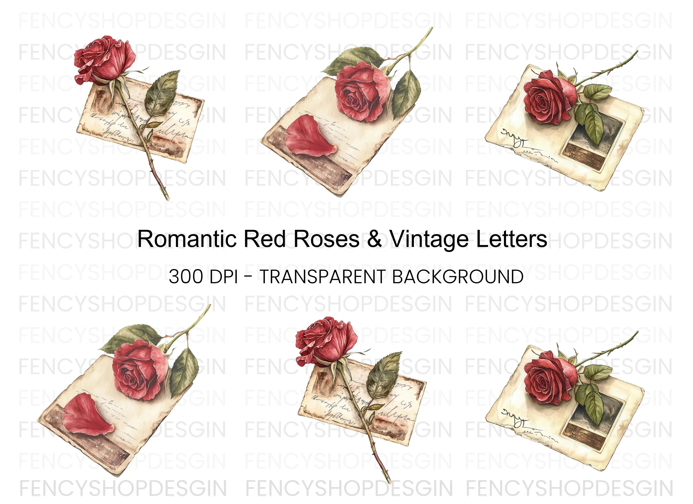 Romantic Red Roses Letters Clipart Bundle