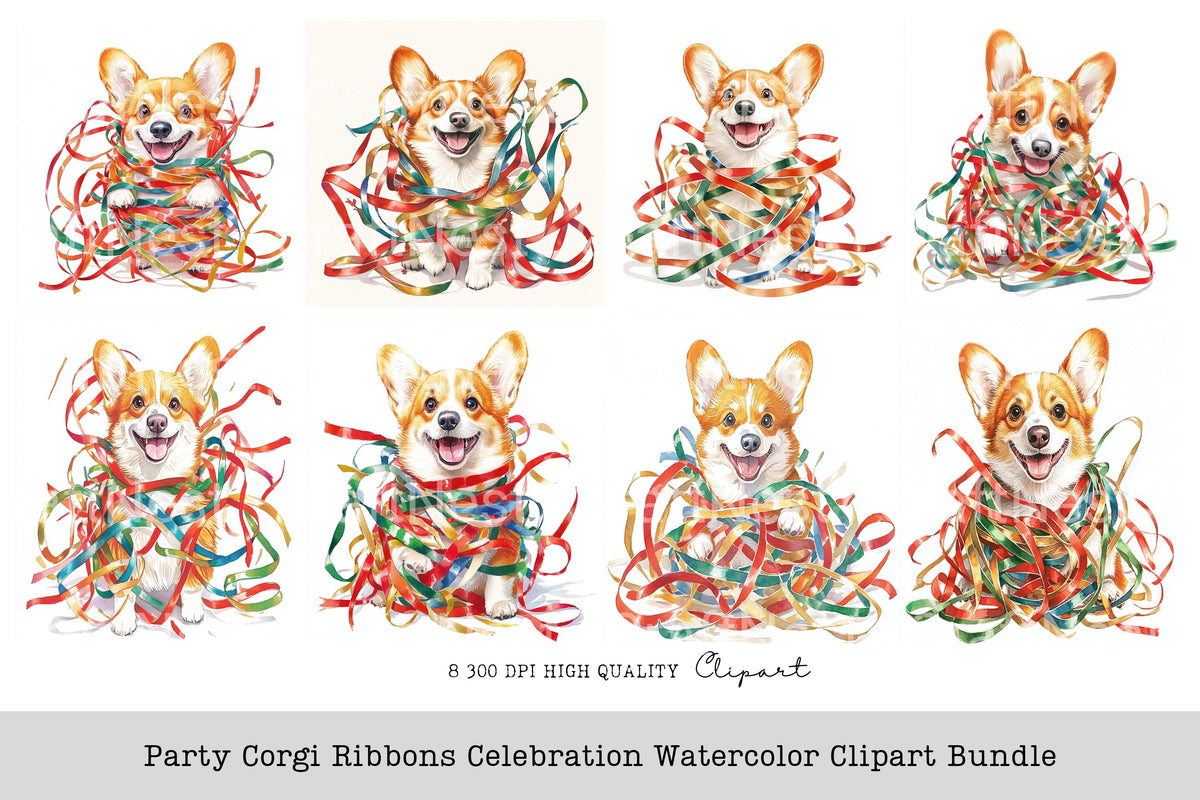 Party Corgi Ribbons Celebration Clipart Bundle