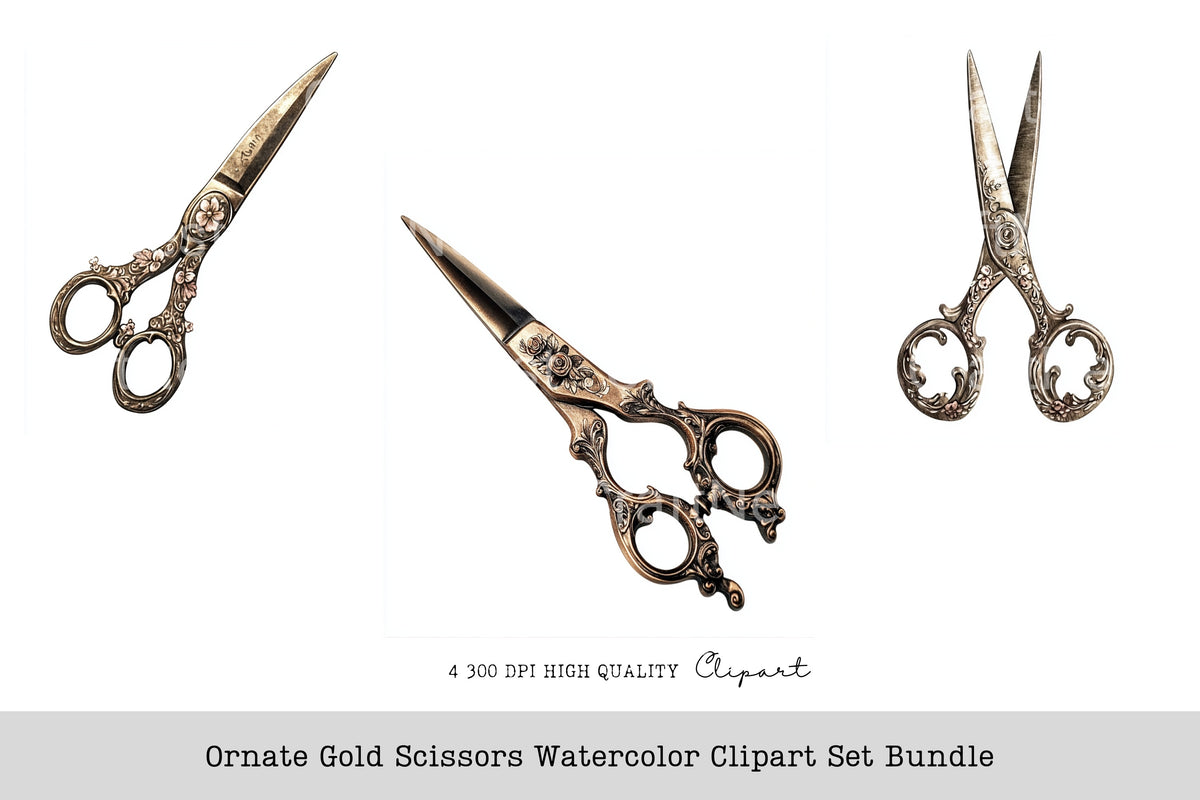 Ornate Gold Scissors Clipart Bundle