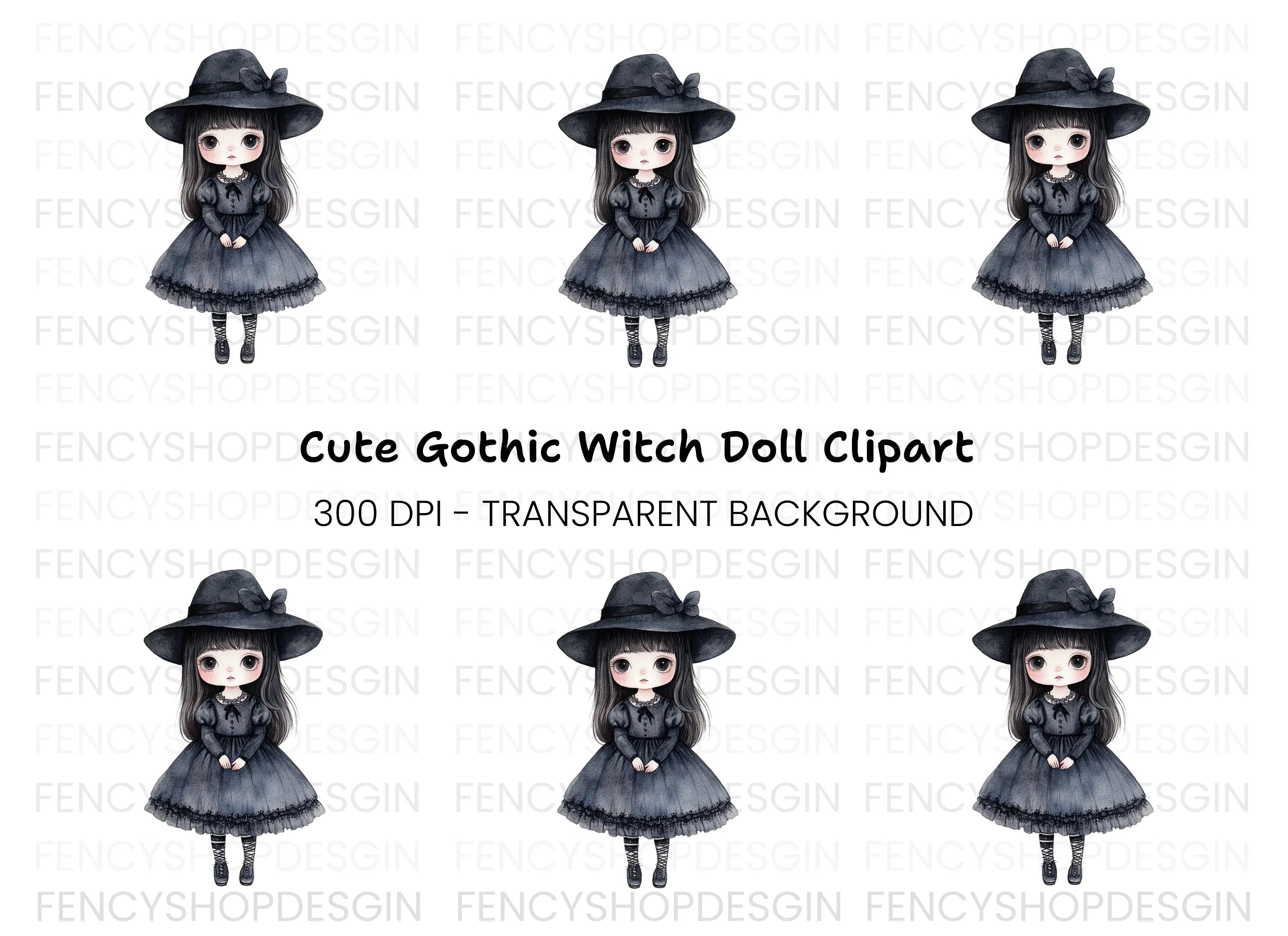 Cute Goth Girl in Black Dress Clipart Bundle