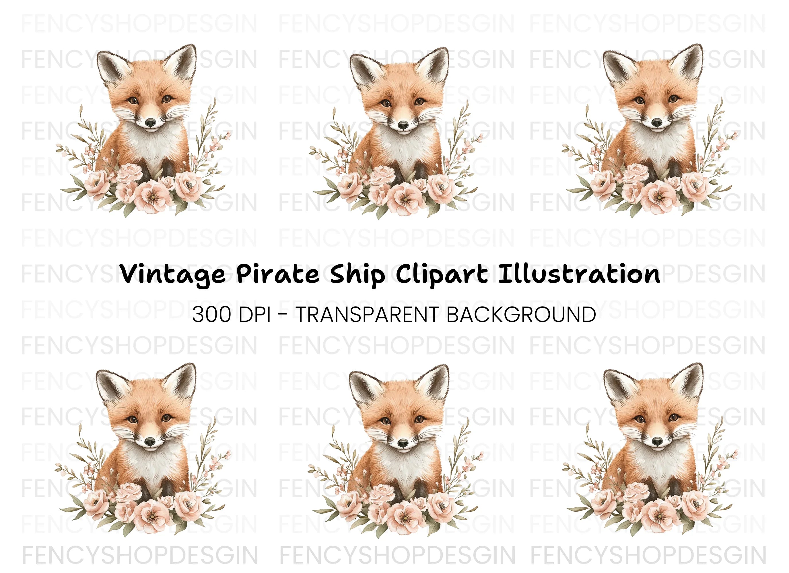 Adorable Fox with Pink Flowers Clipart Bundle