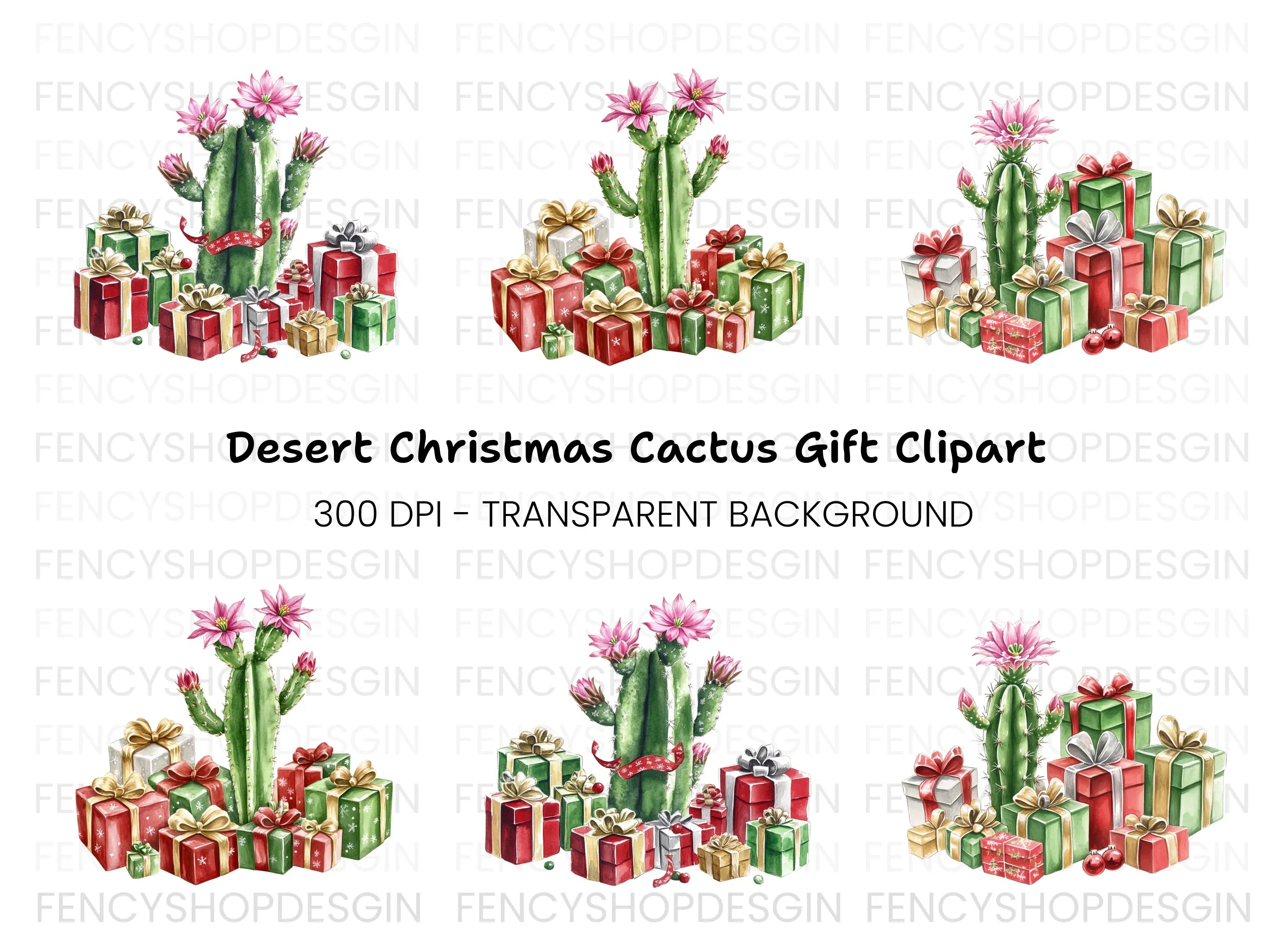 Christmas Cactus with Gifts Clipart Bundle