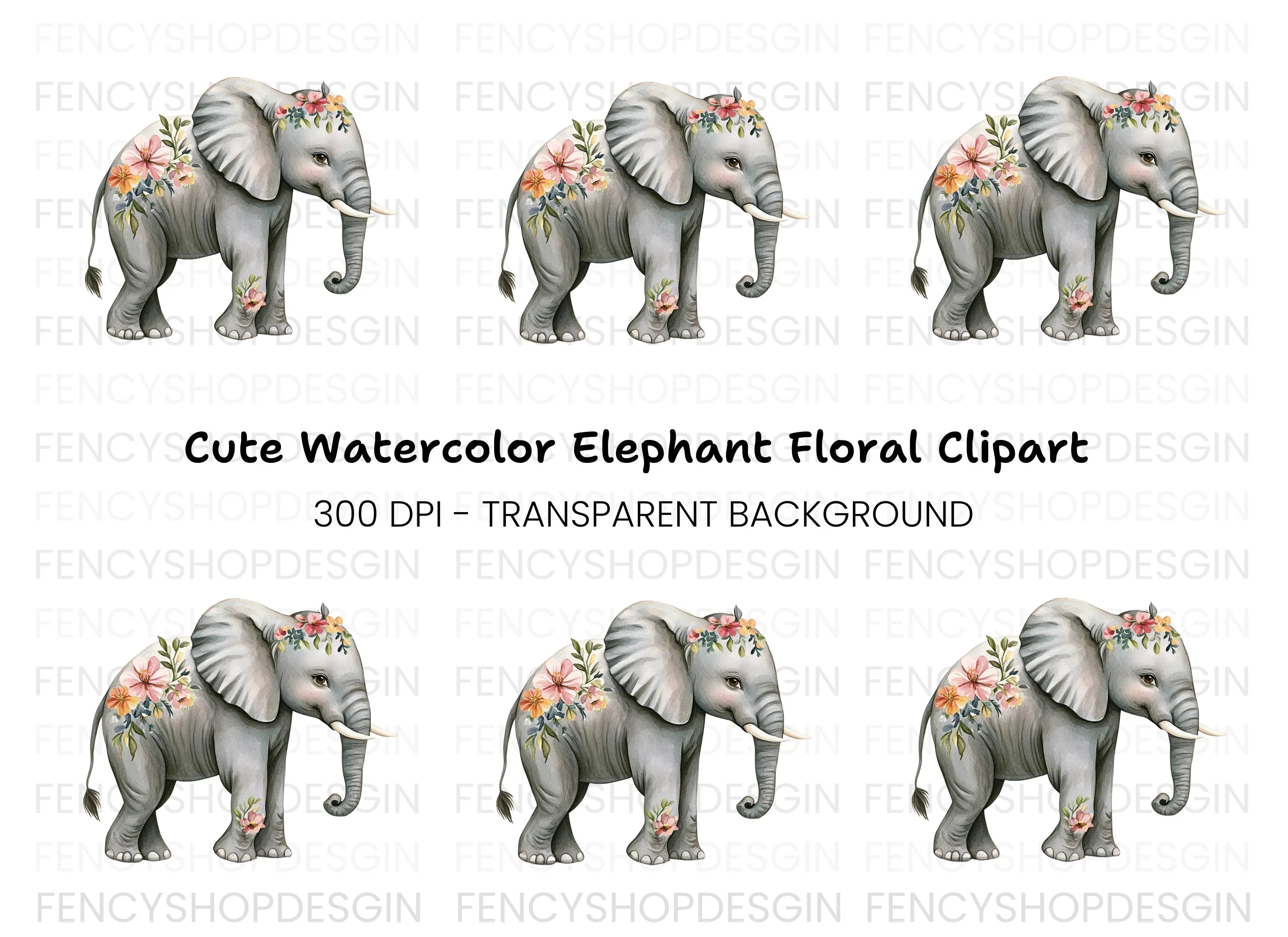 Floral Elephant Clipart Bundle