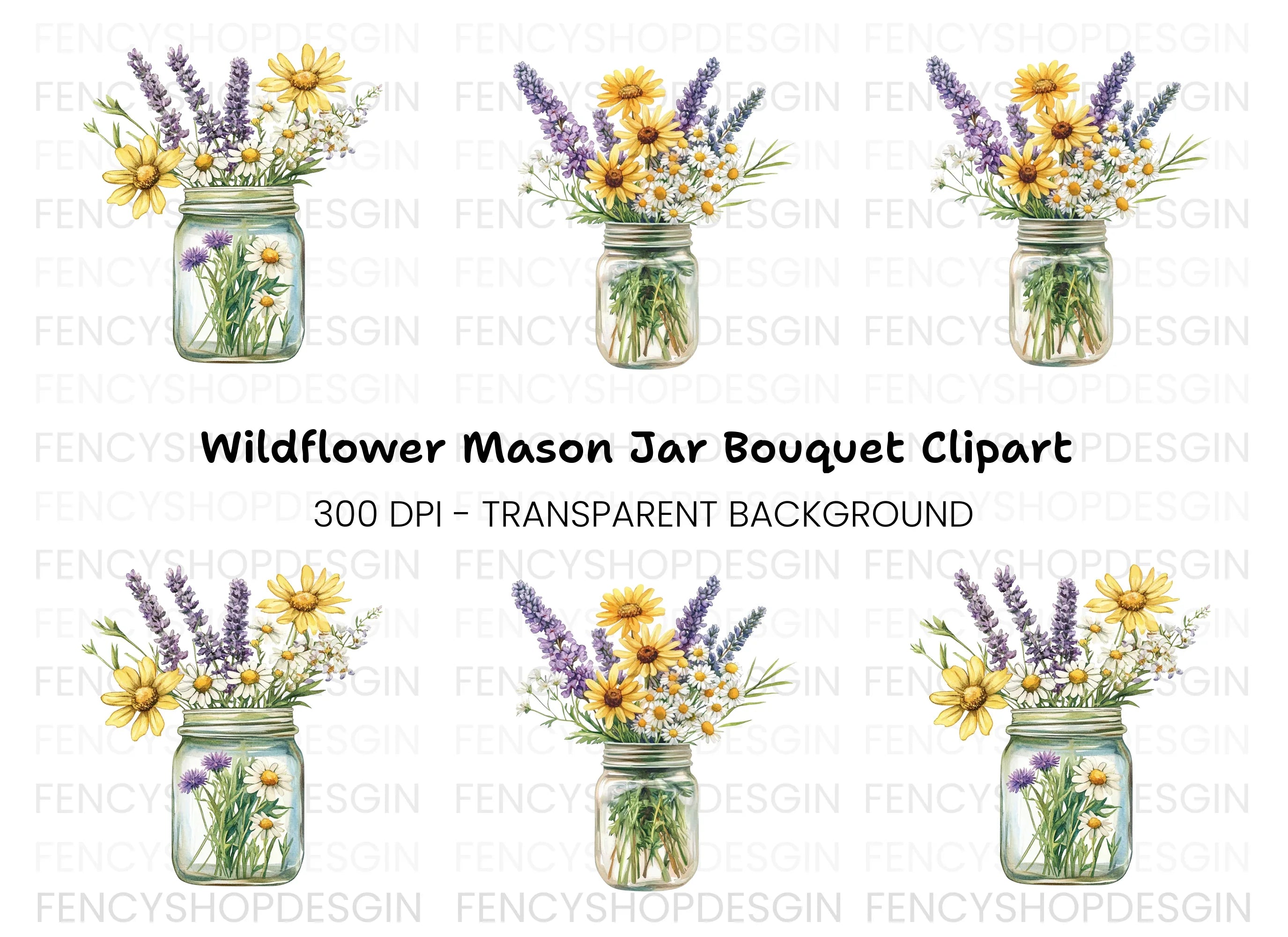 Wildflower Mason Jar Bouquets Clipart Bundle