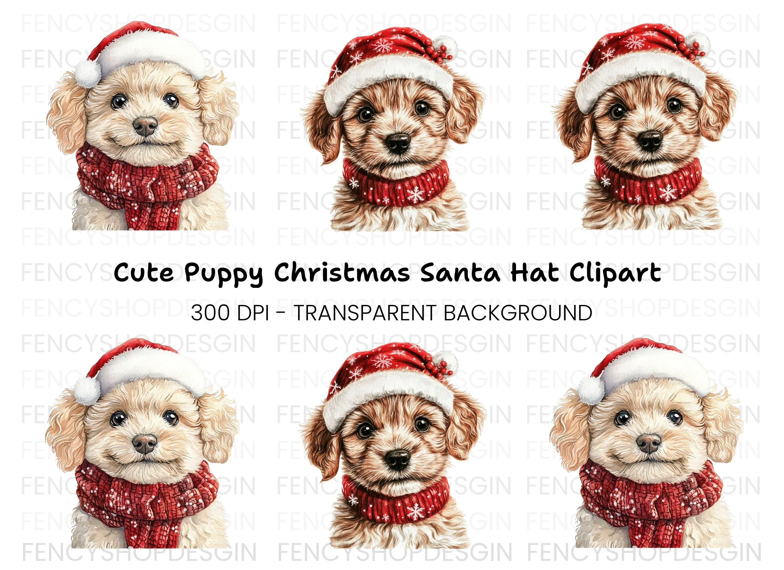 Christmas Puppies in Santa Hats Clipart Bundle