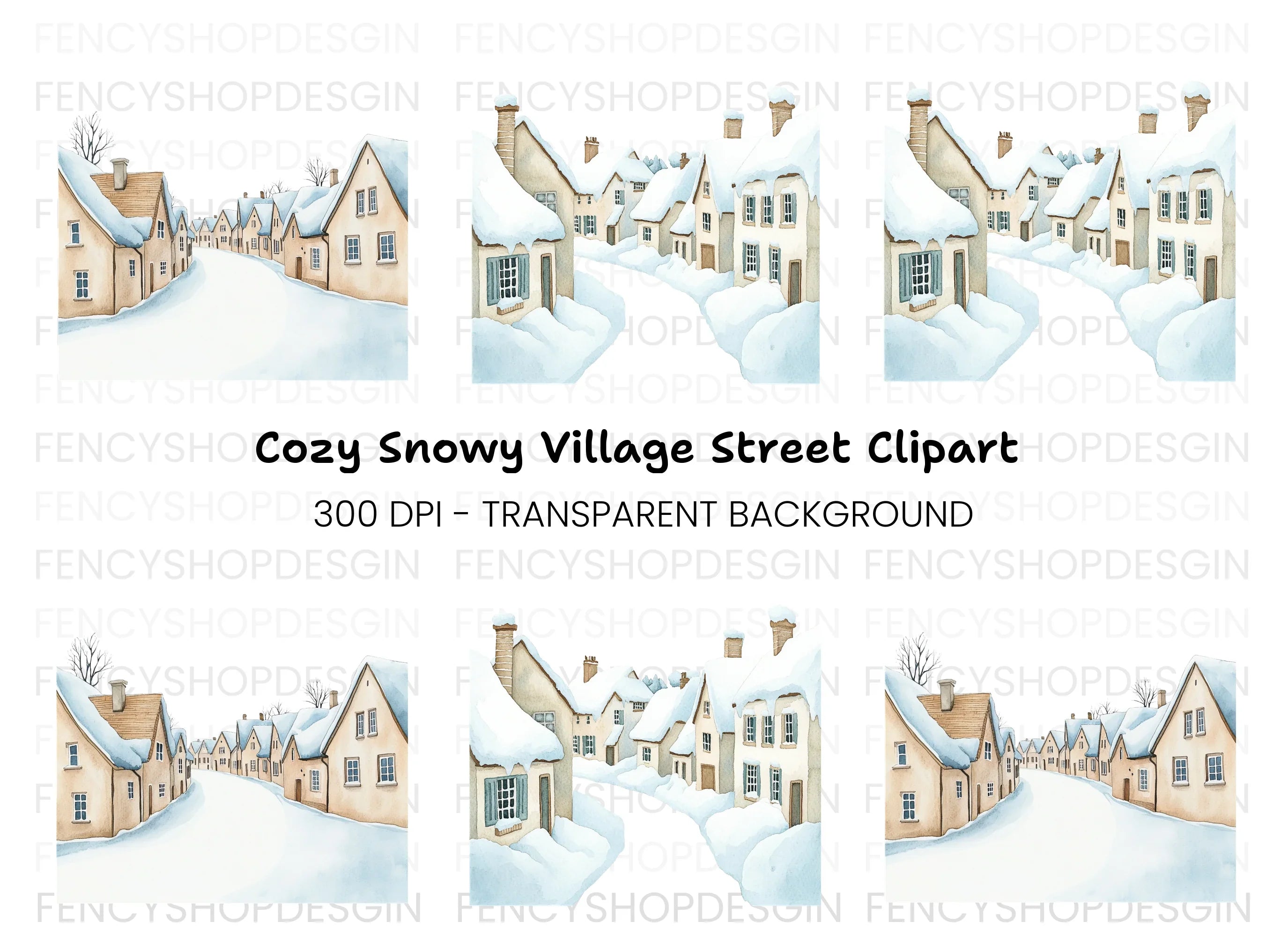 Snowy Village Street Clipart Bundle