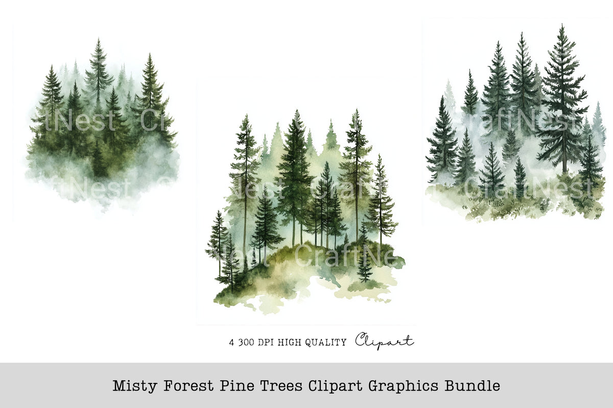 Misty Forest Pine Trees Graphics Clipart Bundle