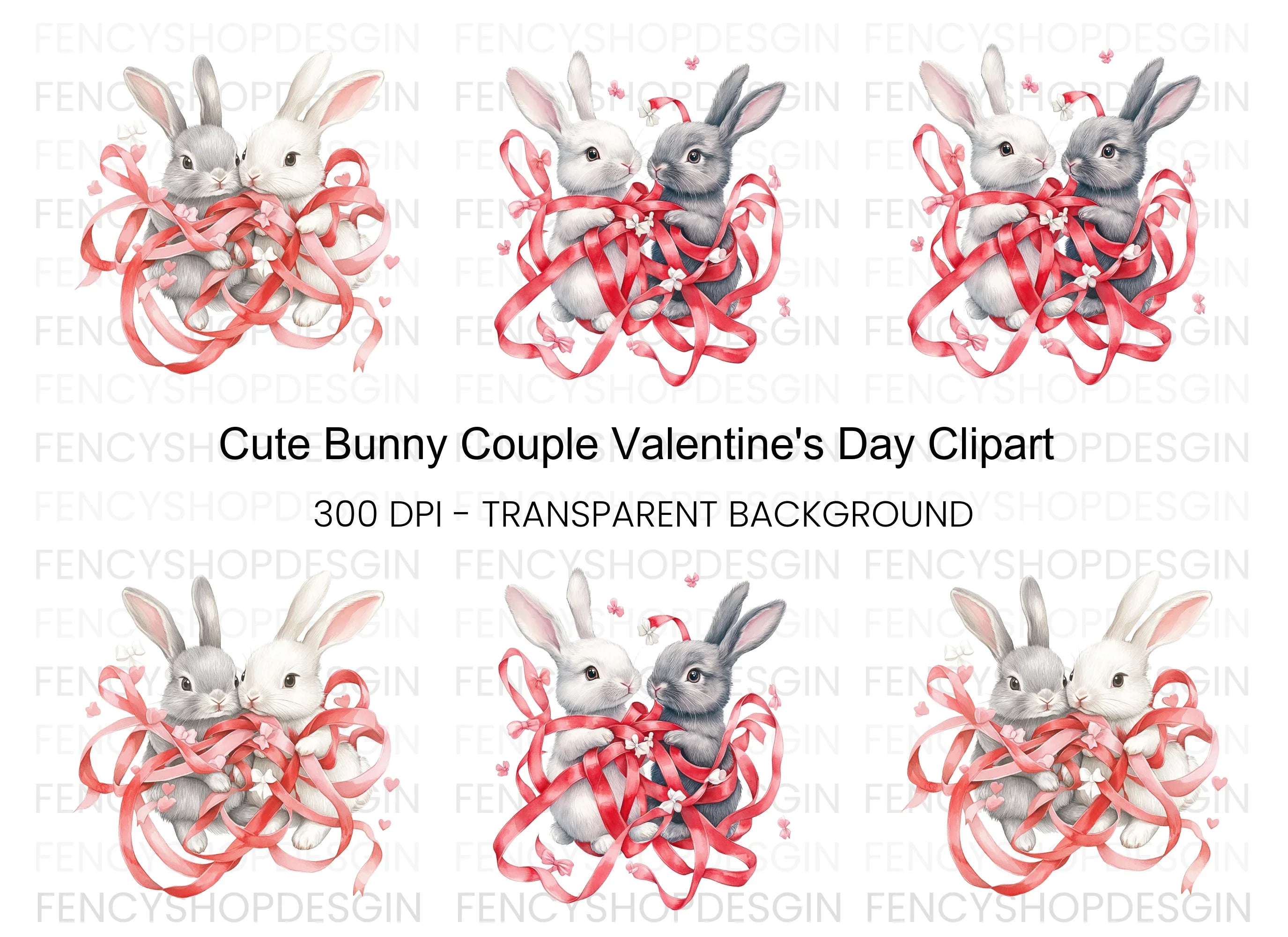 Cute Bunny Couple with Red Ribbons Clipart Bundle