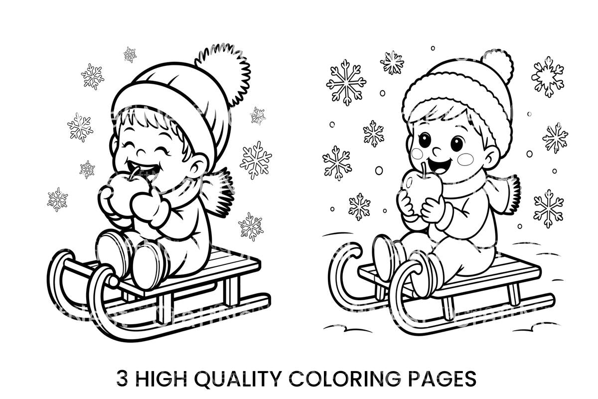 Kids Sledding in Winter Coloring Books