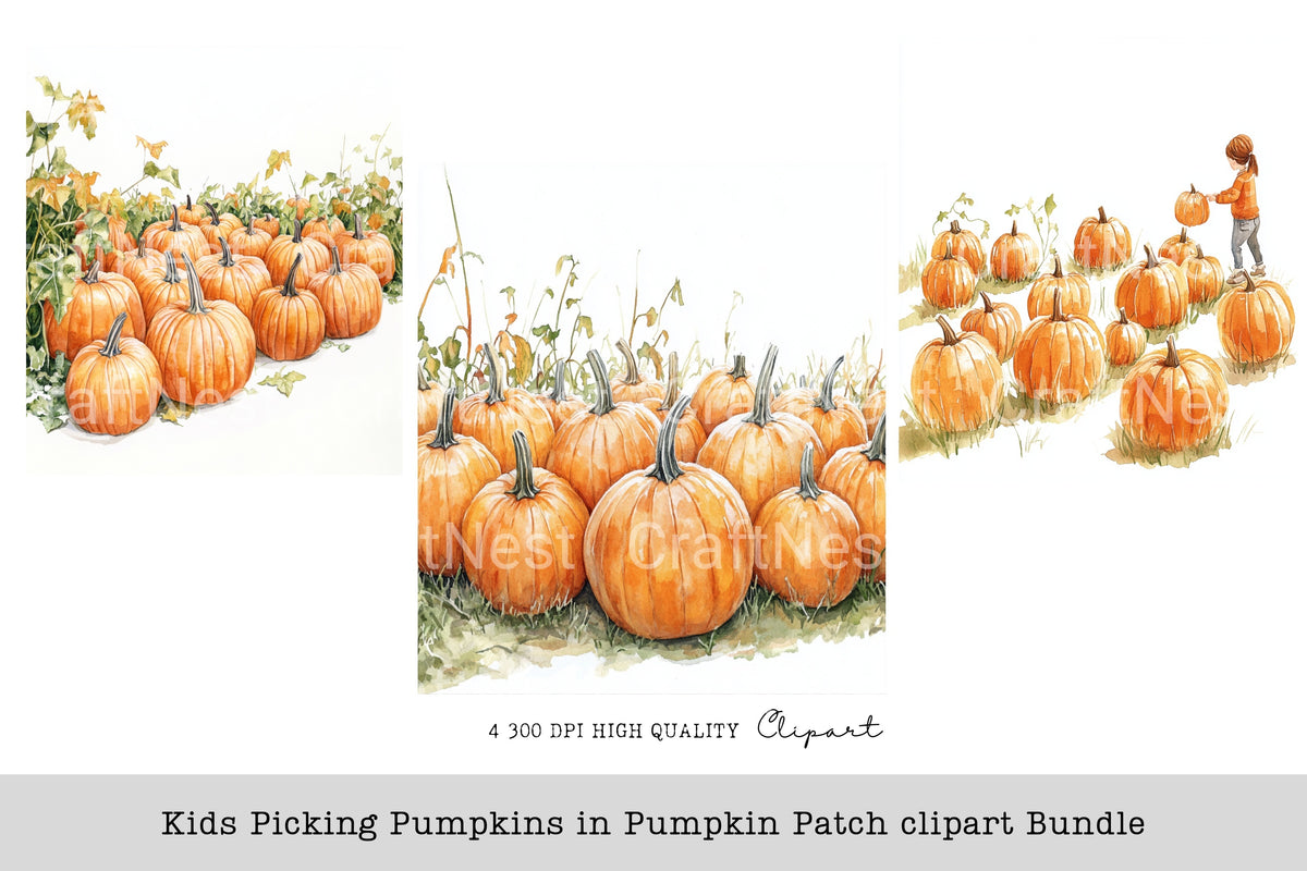 Kids Picking Pumpkins In Pumpkin Patch Clipart Bundle