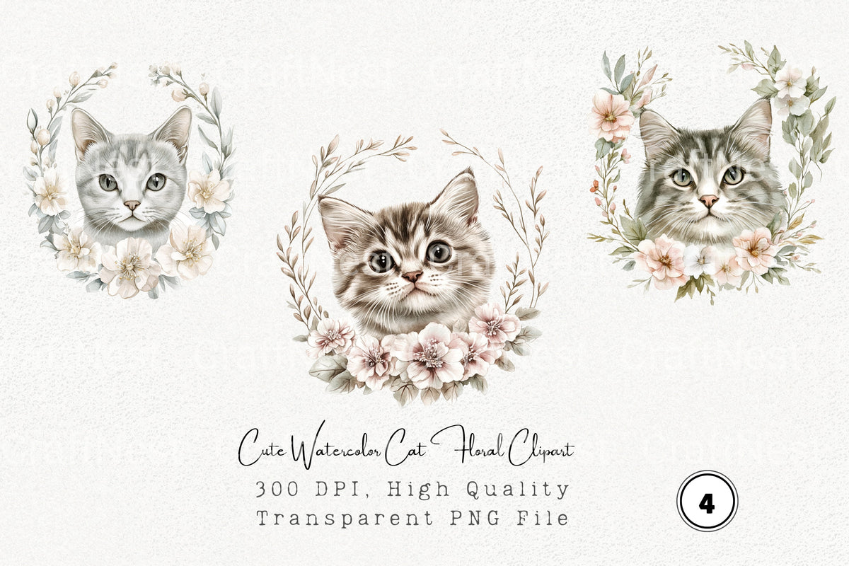 Cute Cat Floral Clipart Bundle