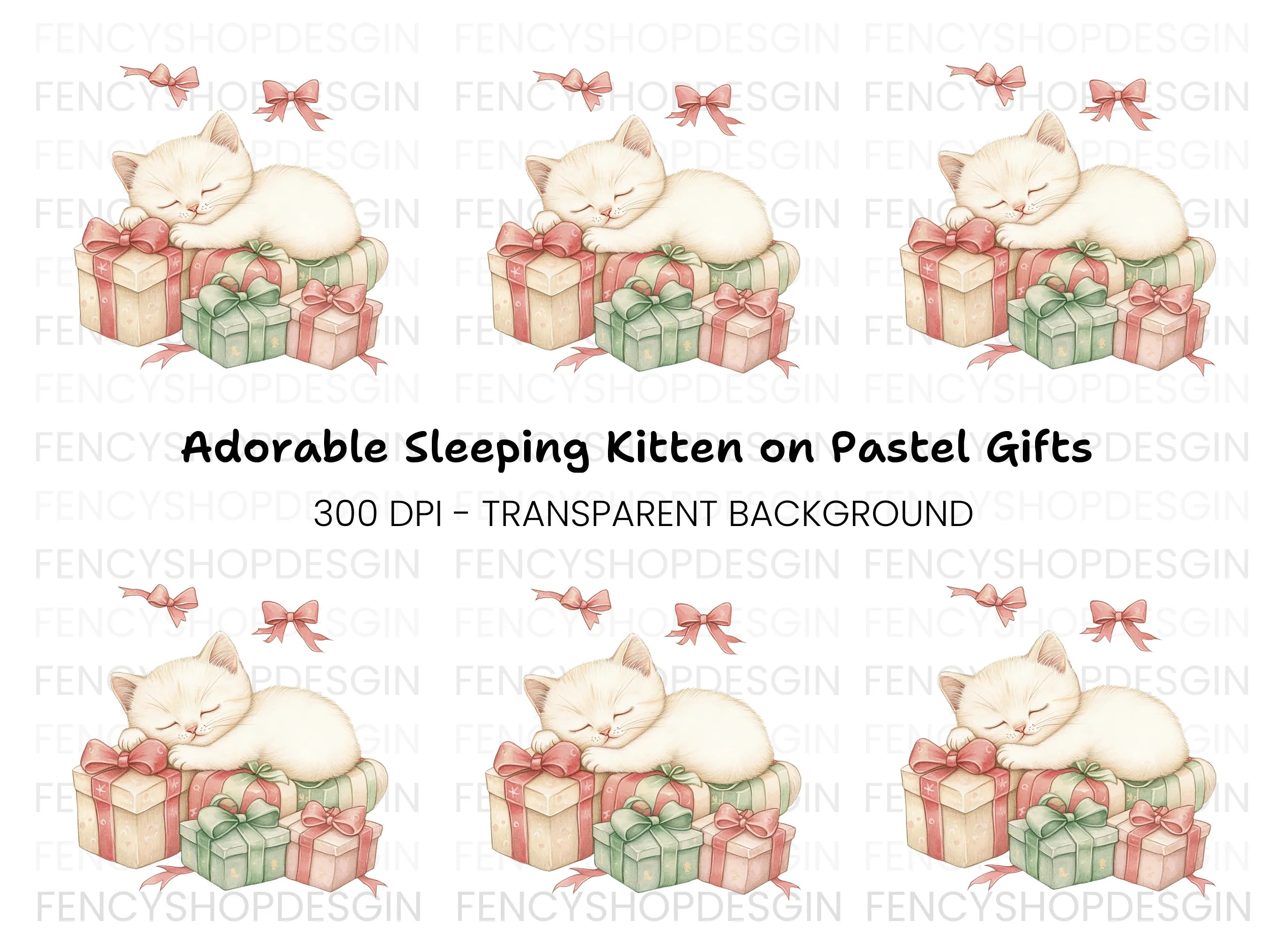 White Kitten Sleeping on Pink Gifts Clipart Bundle