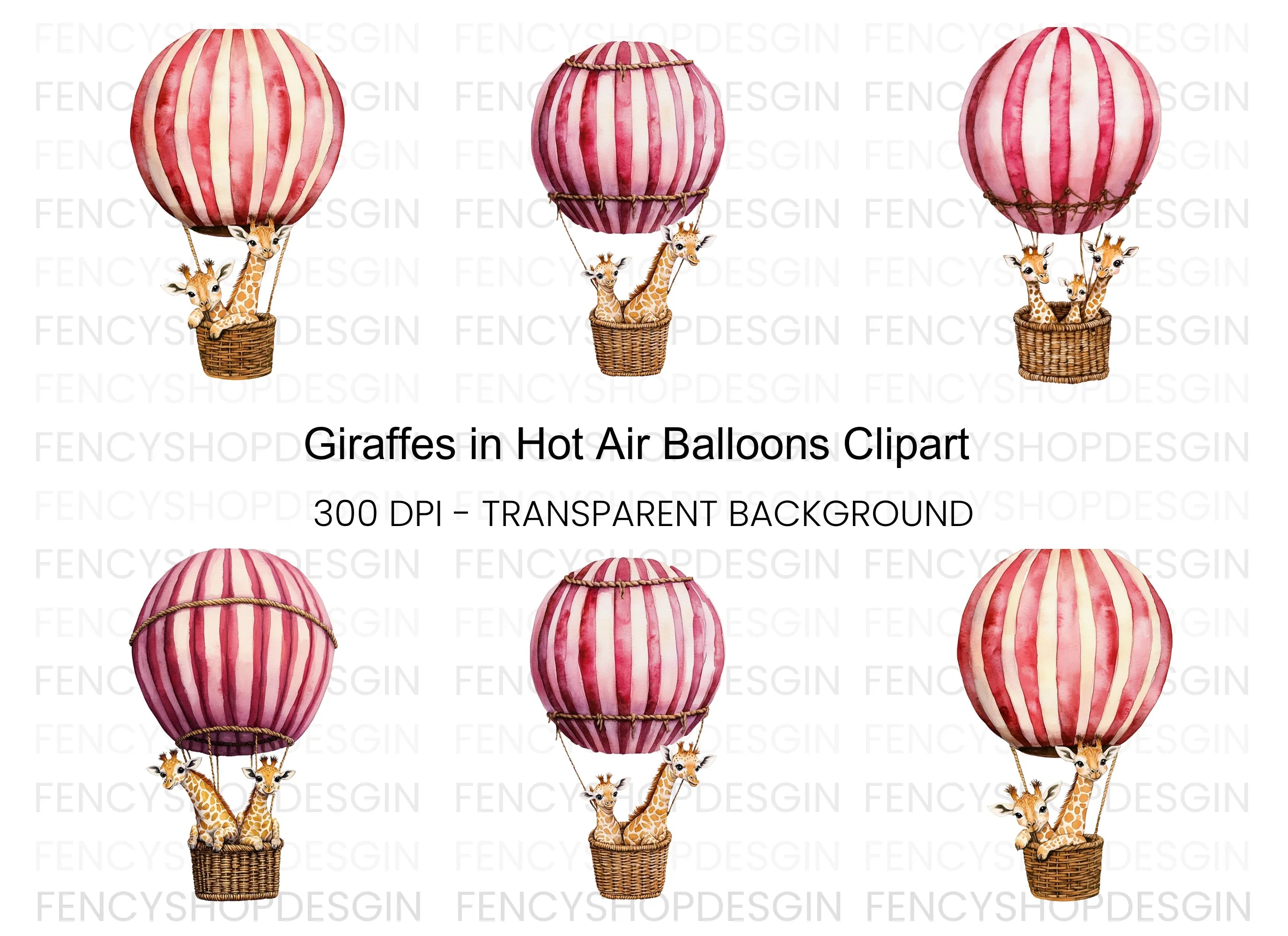 Giraffes in Hot Air Balloons Clipart Bundle
