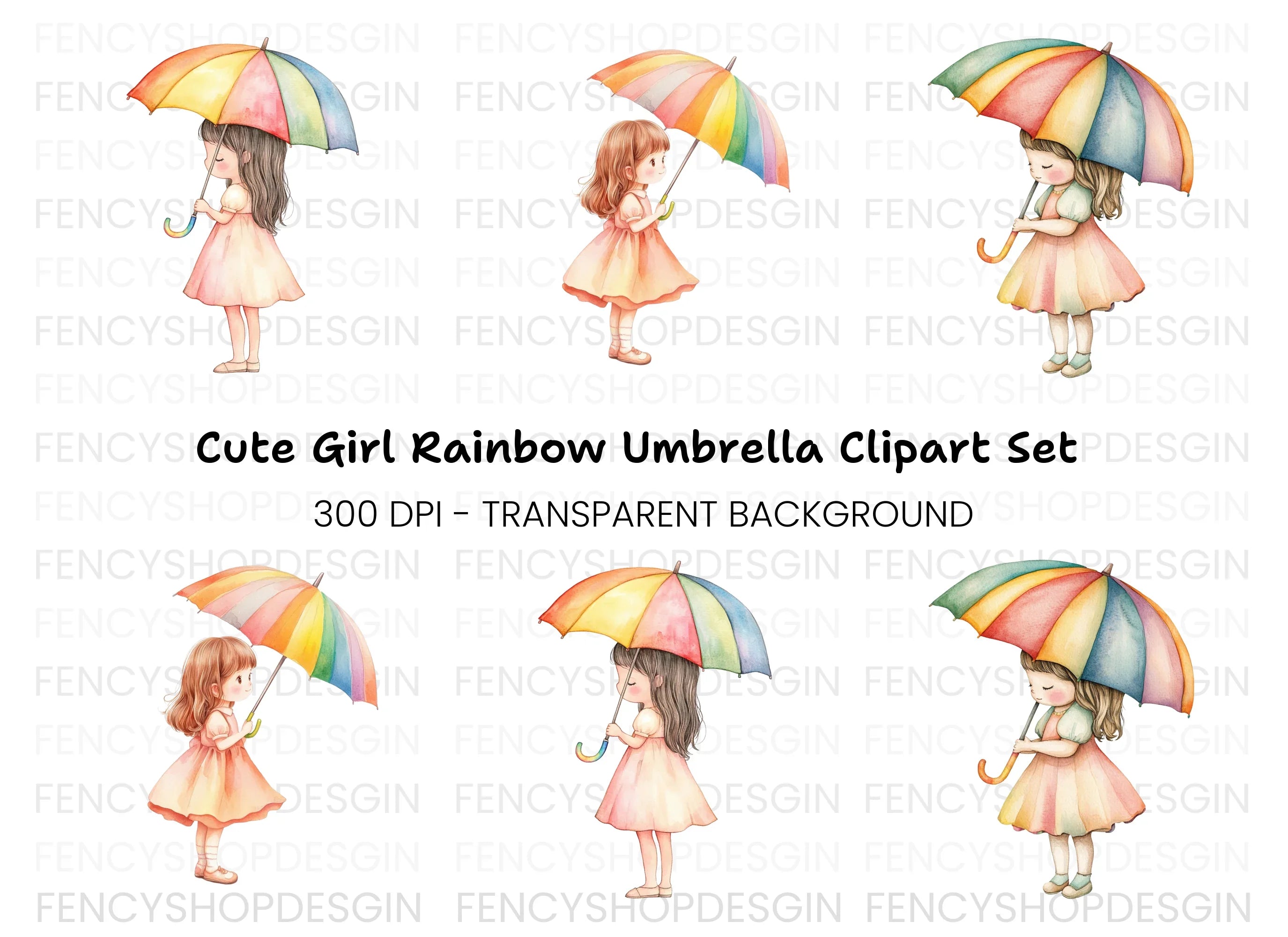 Girls with Rainbow Umbrella Clipart Bundle