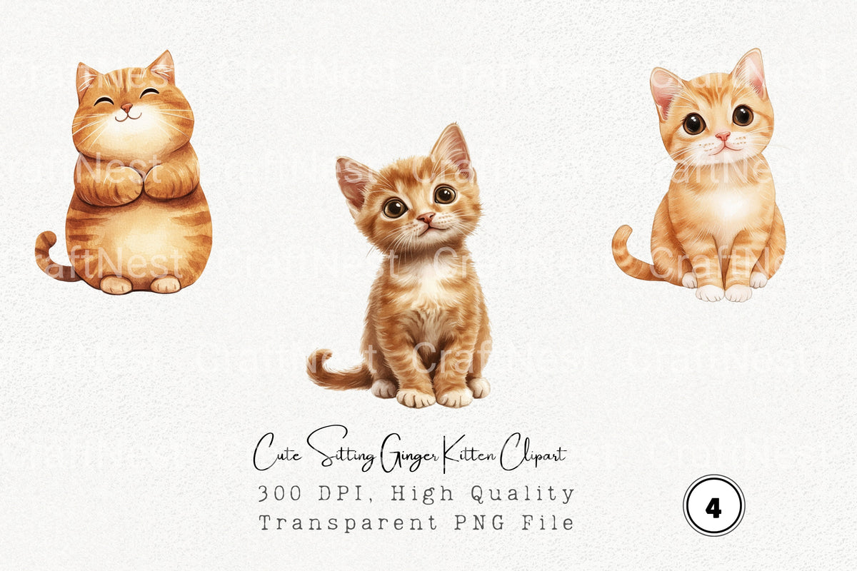 Cute Sitting Ginger Kitten Clipart Bundle