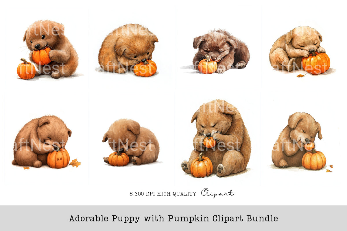 Adorable Puppy With Pumpkin Clipart Bundle