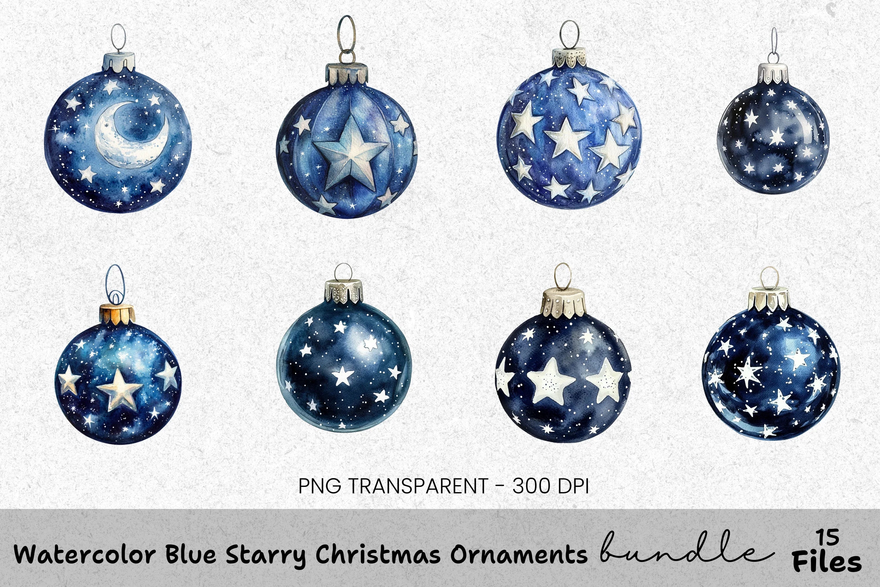 Blue Starry Christmas Ornaments Clipart Bundle