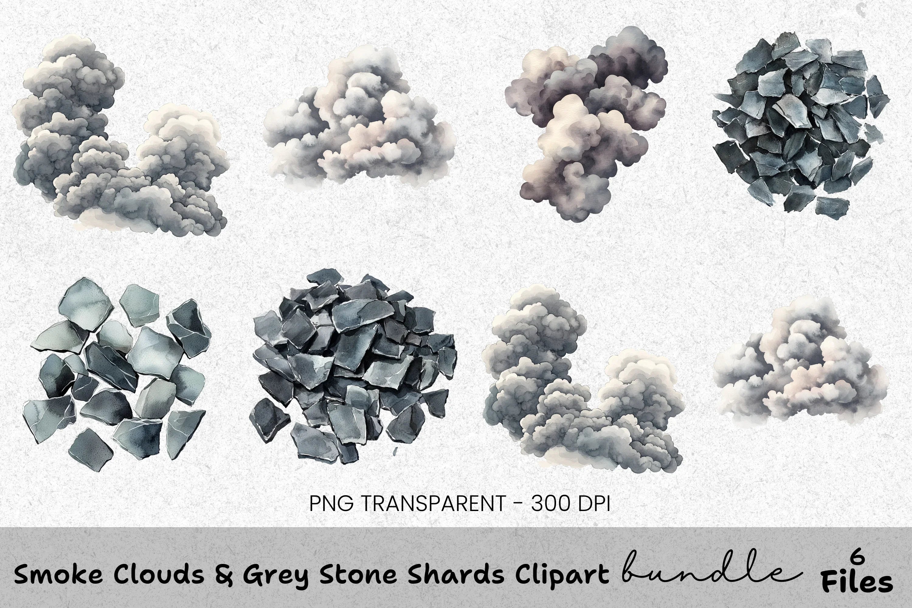 Smoke Clouds Grey Stone Shards Clipart Bundle