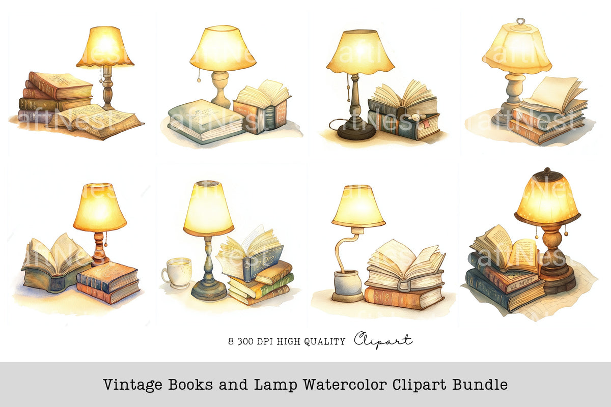 Vintage Books And Lamp Watercolor Clipart Planner