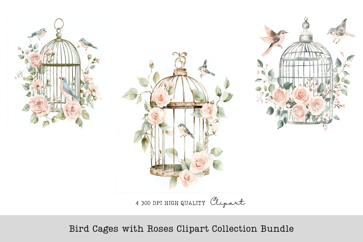 Bird Cages With Roses Clipart Bundle
