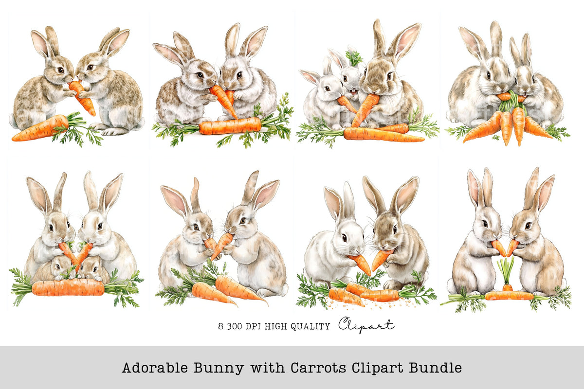 Adorable Bunny With Carrots Clipart Bundle