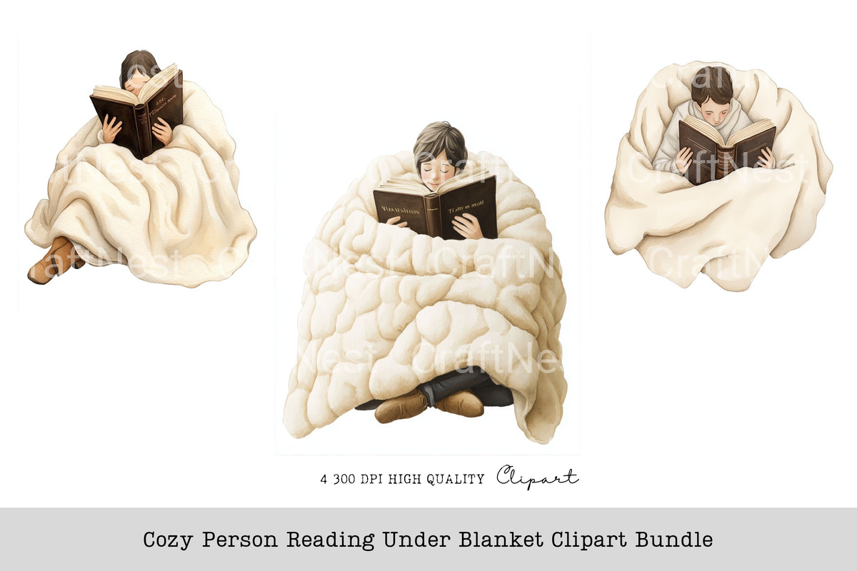 Cozy Person Reading Under Blanket Clipart Bundle